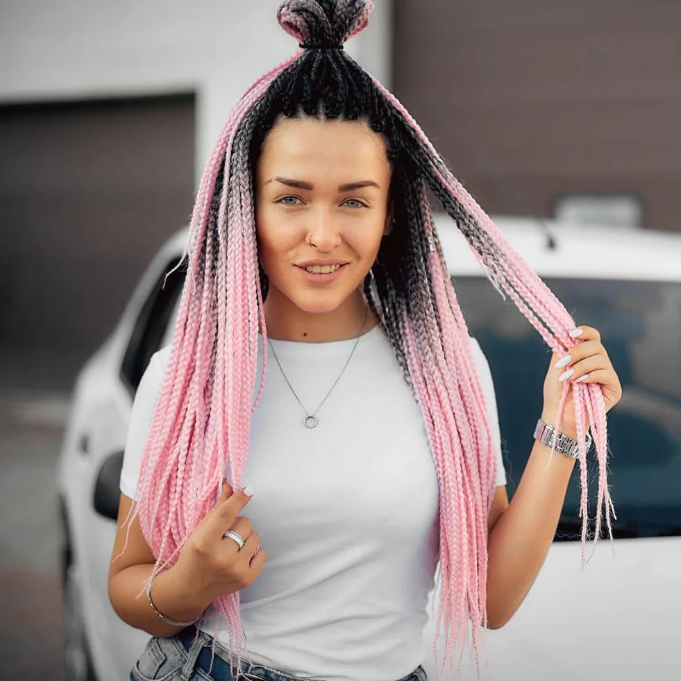 Aomig Extensiones 24" Trenzas Africanas Pelo Sintético Rosa Coleta Postiza Accesorios Cabello Trenzado