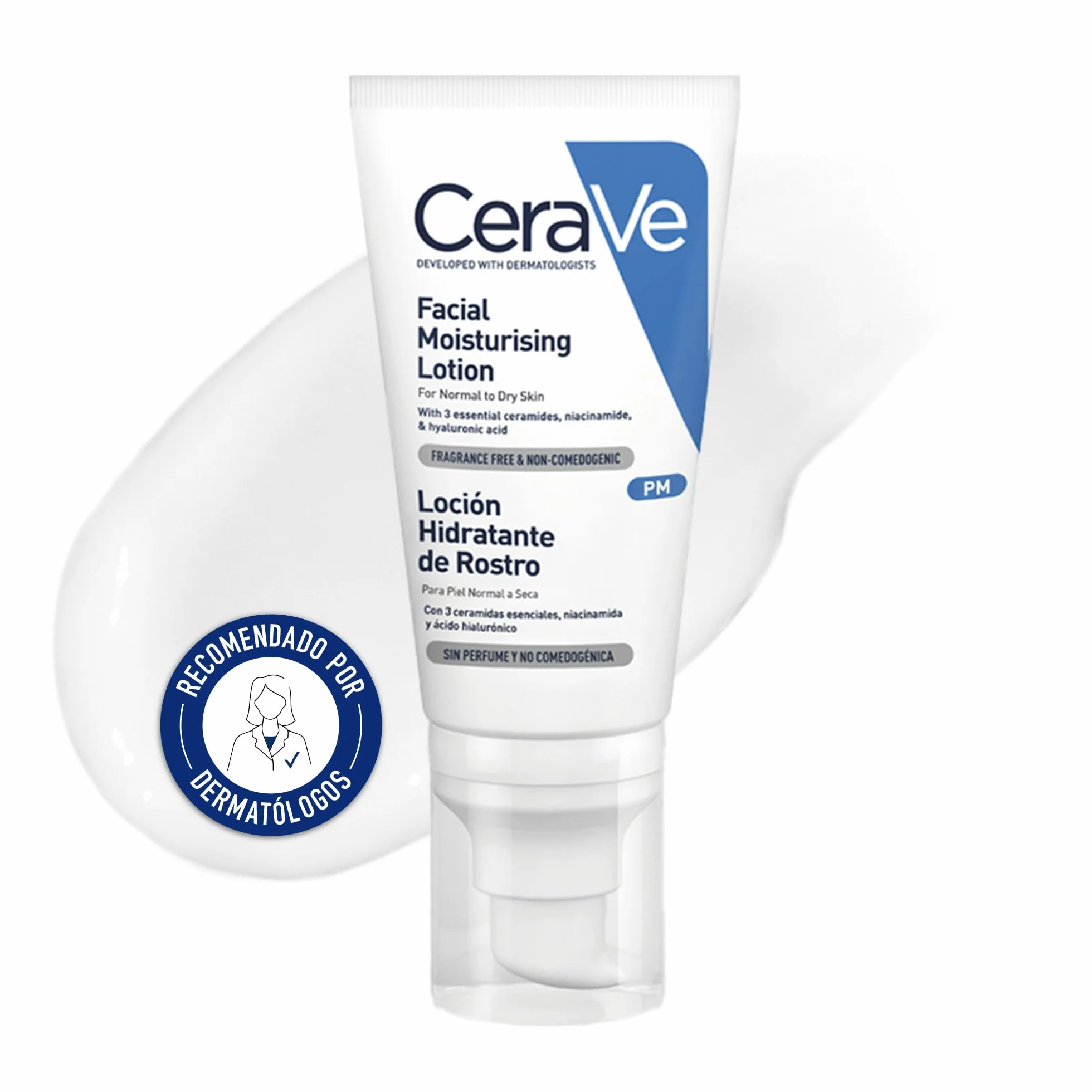 CeraVe Loción Hidratante de Rostro PM 52ml para Piel Normal a Seca con Ceramidas, Niacinamida y Ácido Hialurónico