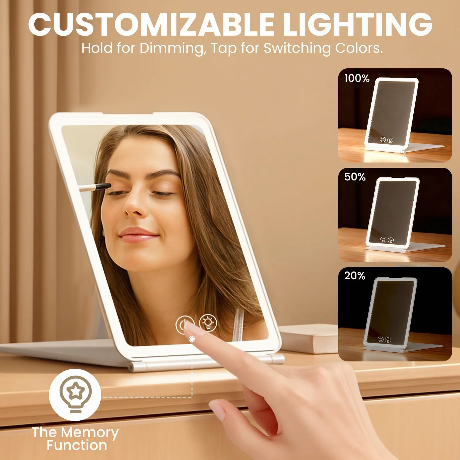 Espejo Maquillaje con Luz LED 3 Colores Brillo Ajustable 1500mAh Recargable Plegable con Memoria