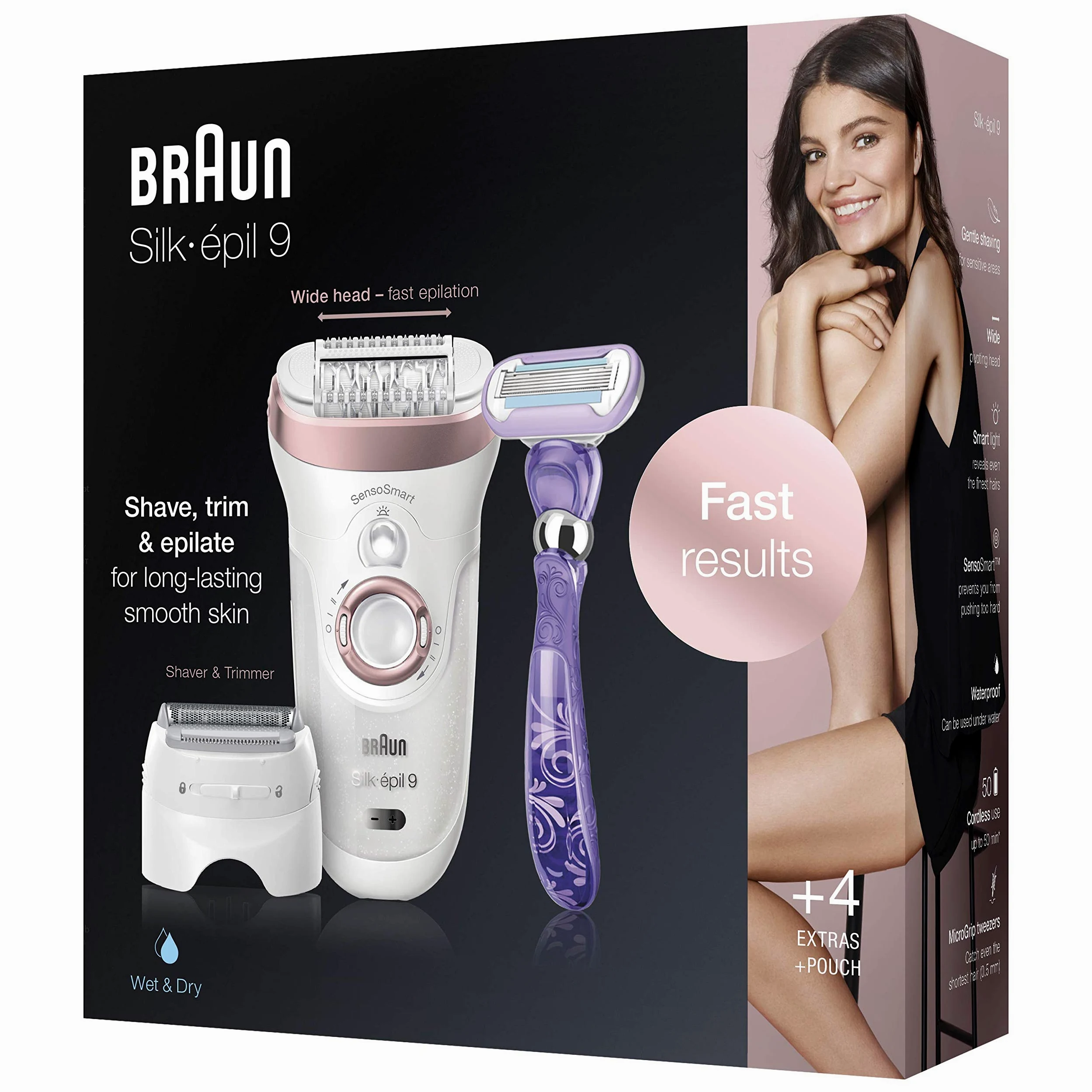Braun Silk-épil 9 9-870 Depiladora Mujer Eléctrica para Depilación Duradera, Incluye Maquinilla Venus, Capuchón de Masaje, Cabezal de Rasurado y Recorte, Blanco/Oro Rosa