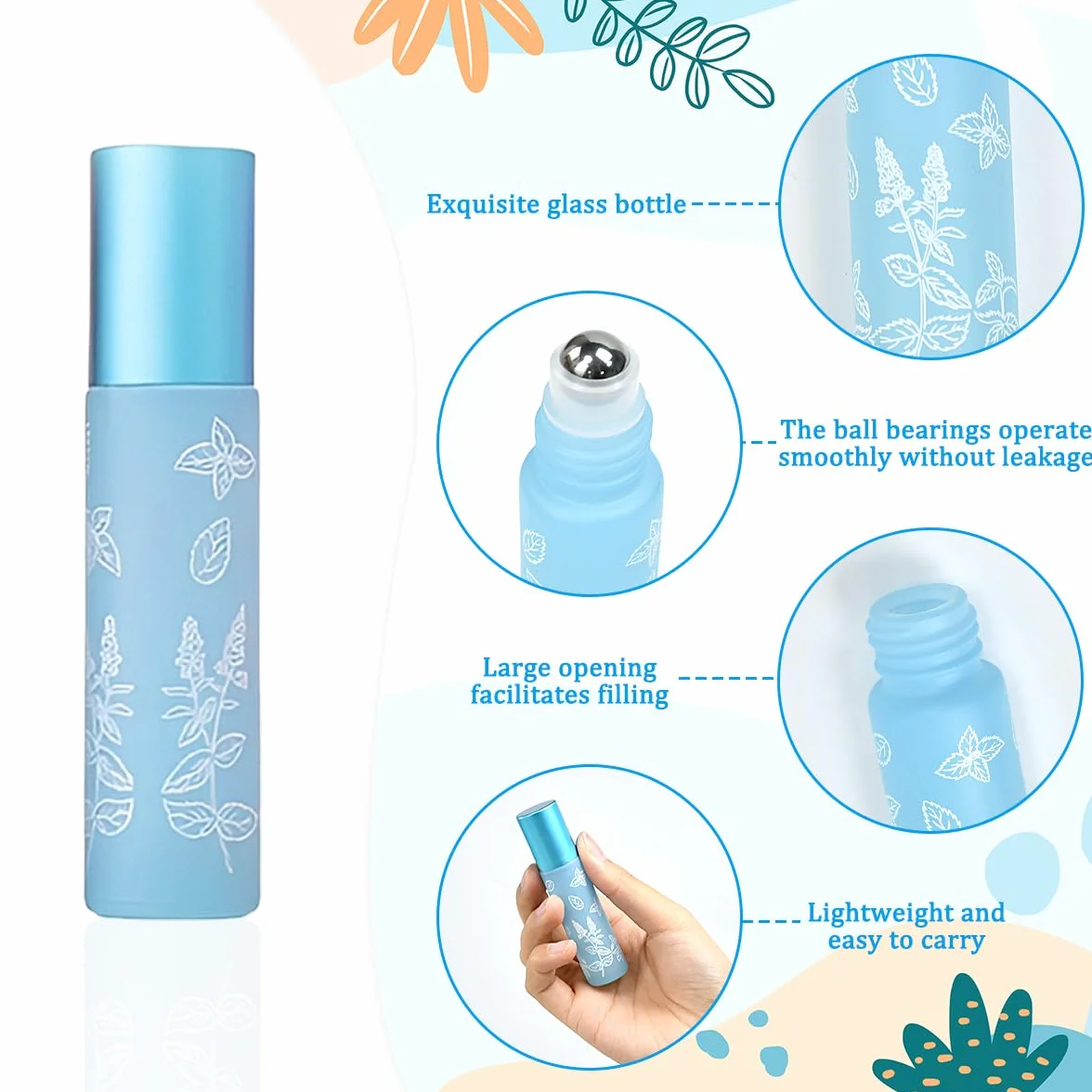 Botellas Roll on Aceites Esenciales 10ml 8 Colores Frascos Cristal con Bola de Acero Inoxidable Rellenable para Perfume