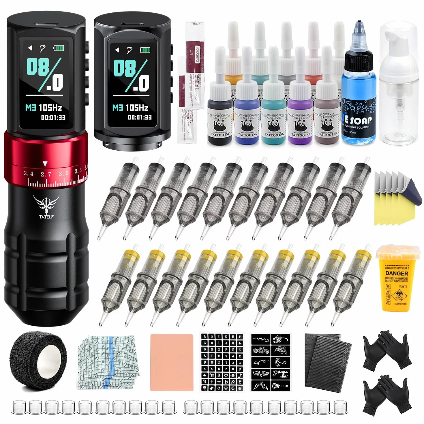 TATELF Kit Inalámbrico, Máquina Rotativa Profesional para Principiantes y Artistas, Pantalla LCD, 7 Vel, Batería 2300mAh, 20 Cartuchos, 10 Tintas