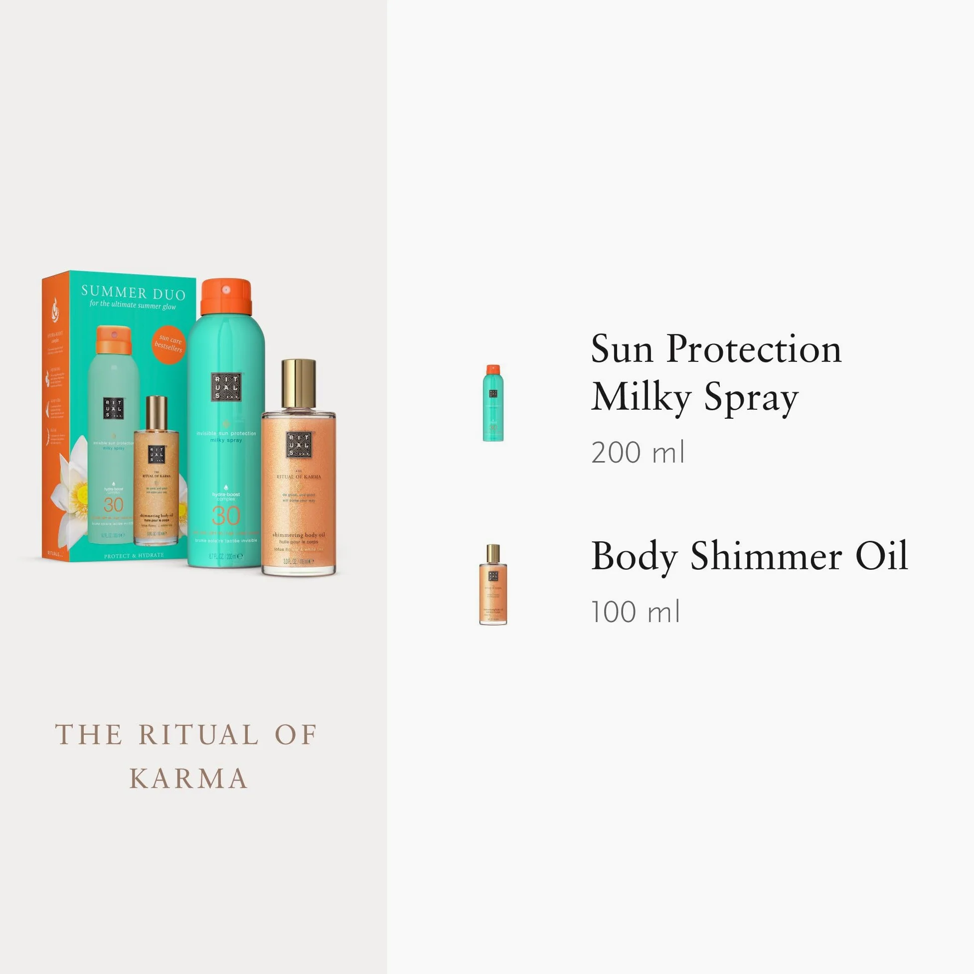 Rituals The Ritual of Karma Summer Duo – Spray de crema solar SPF 30 y aceite corporal brillante – Set de regalo con aroma de loto y té blanco