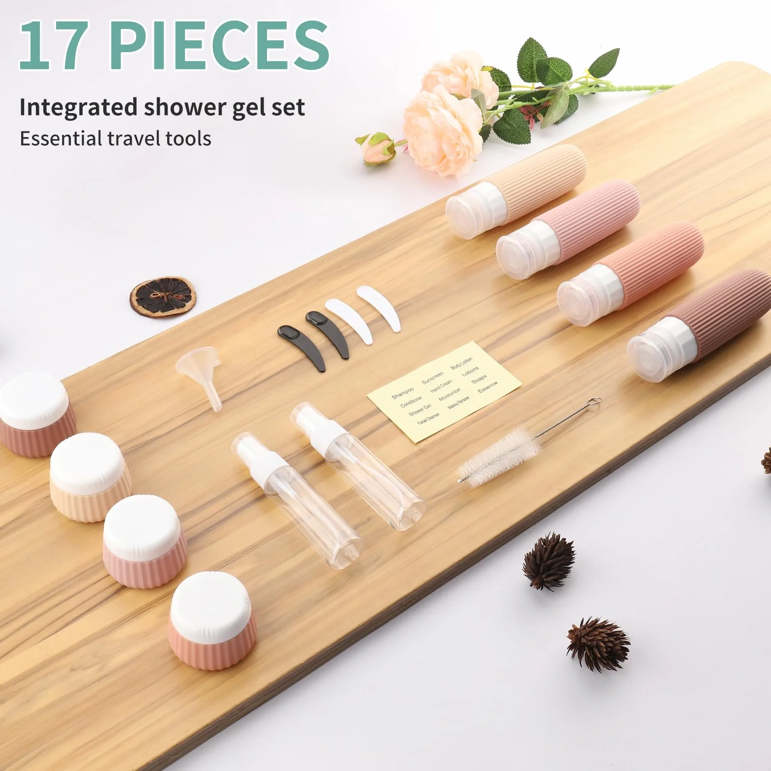 Kit Viaje Higiene Reutilizables 18 Piezas Botes Rellenables con Etiqueta para Cosméticos