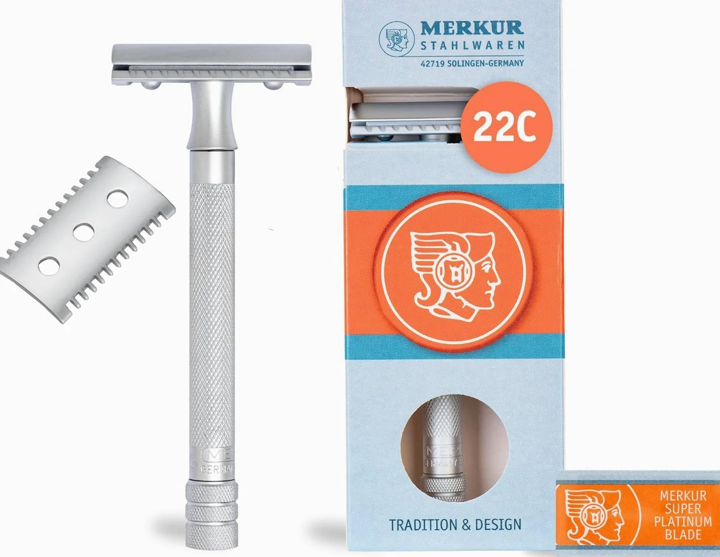 MERKUR Maquinilla de afeitar 22C | Juego premium de peine abierto y cerrado | Satinado cromado mate | Maquinilla de afeitar de corte recto de tres piezas | Ideal para afeitado en húmedo | Fundición a