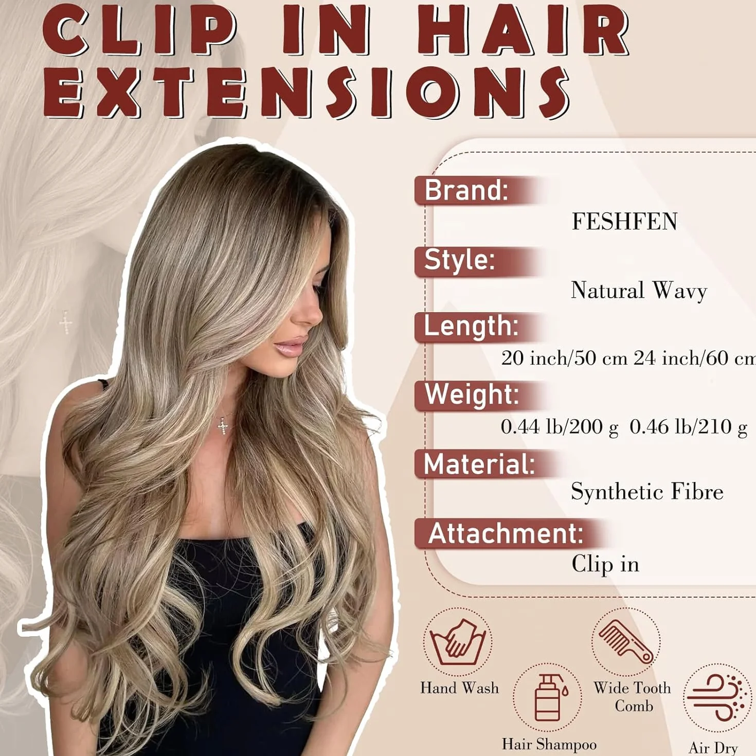 FESHFEN Extensiones de Cabello 60 cm Ondulado Rizado Natural Sintética Clip Marrón Claro Oro Mixto 4 Piezas