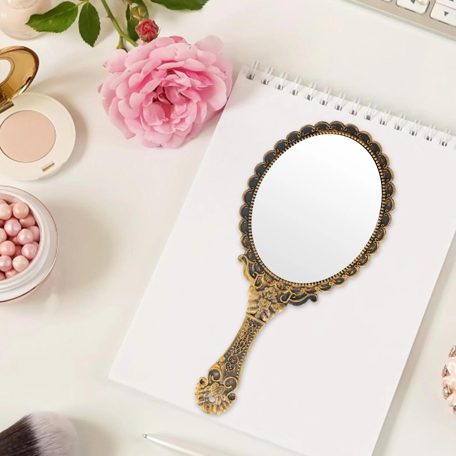 Amexo Espejo de Mano Vintage para Maquillaje y Viaje - Pequeño Bronce