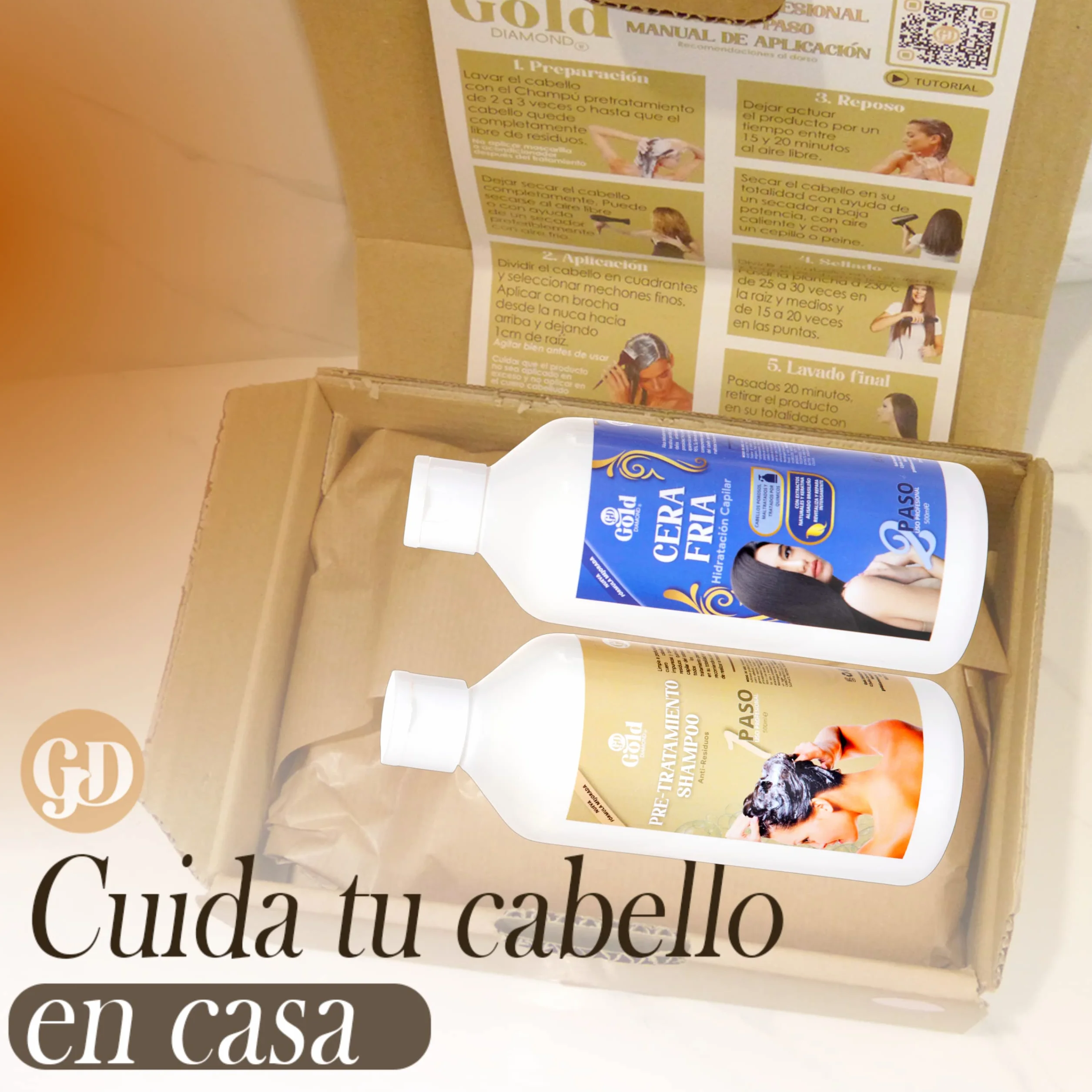 Gold DIAMOND – Kit Alisado Brasileño Cera Fría Sin Formol – Tratamiento de Keratina Profesional para Cabello Teñido, Poroso y Dañado – Hasta 6 Meses Sin Frizz (Kit Mediano, 500mL)