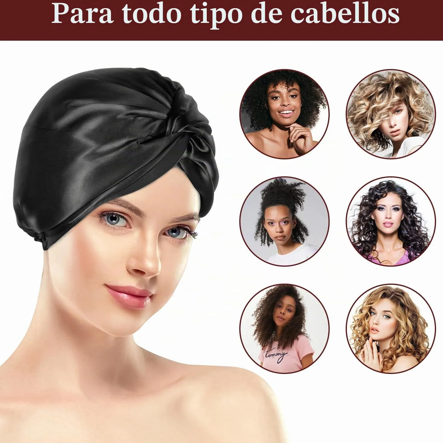 Gorro de seda de doble capa para dormir ajustable con goma de satén para mujer