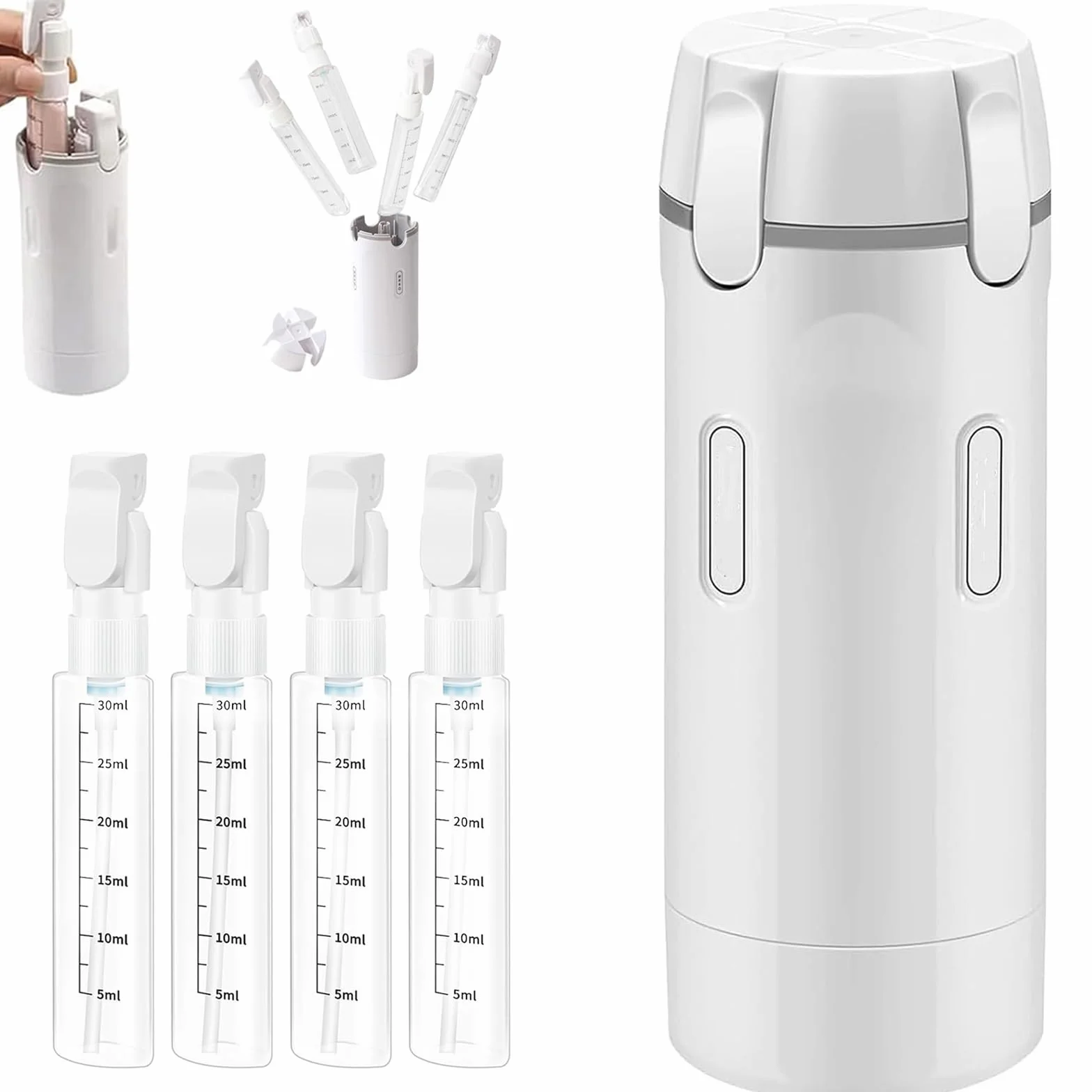 Botella Dispensadora de Viaje 4 en 1, Set con Escala y Etiqueta para Loción y Acondicionador