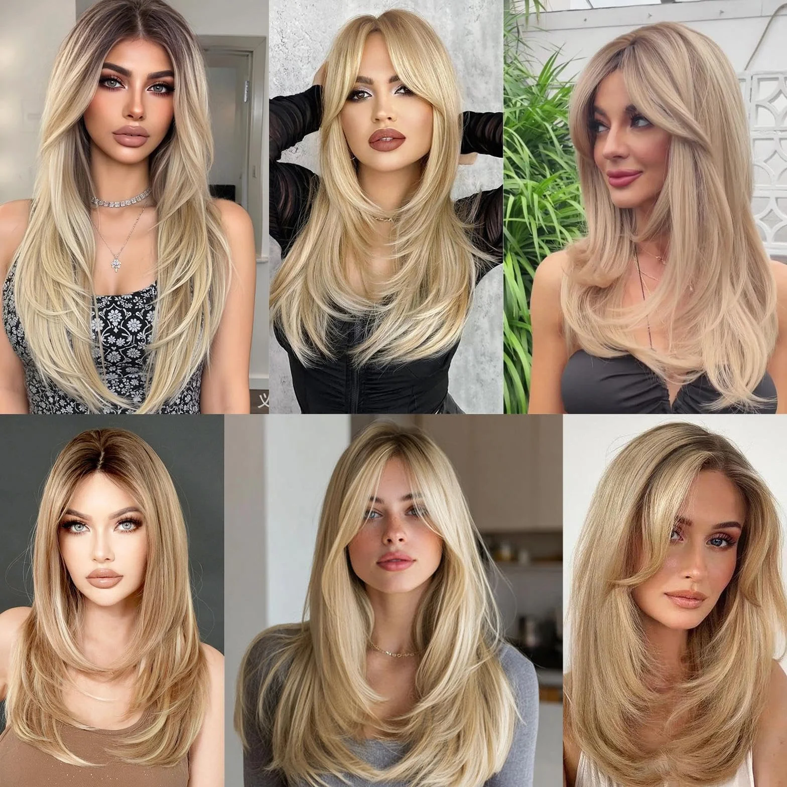Rubio Peluca Larga Capas 50 cm Pelo Sintético con Flequillo para Mujeres Fiesta