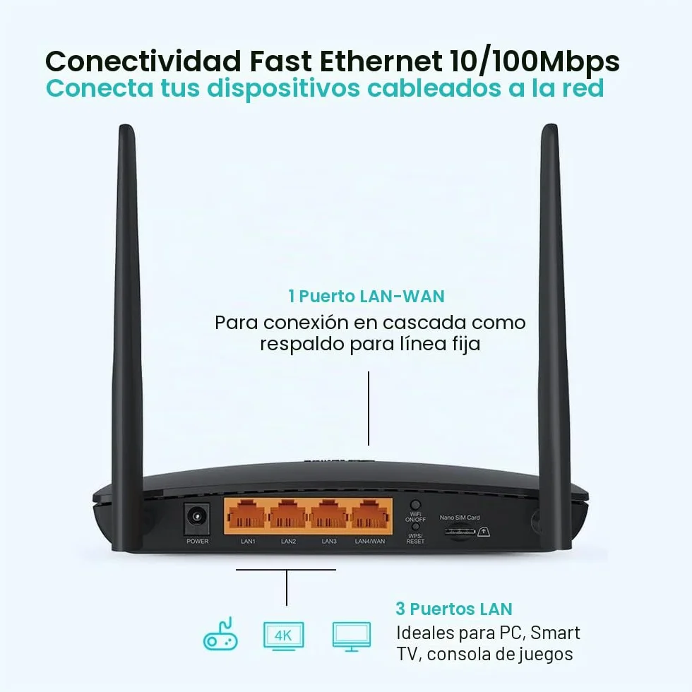 TP-Link TL-MR6400 Router 4G LTE WiFi Cat 4 300 Mbps MicroSim Ethernet LAN/WAN Antena Desmontable Negro