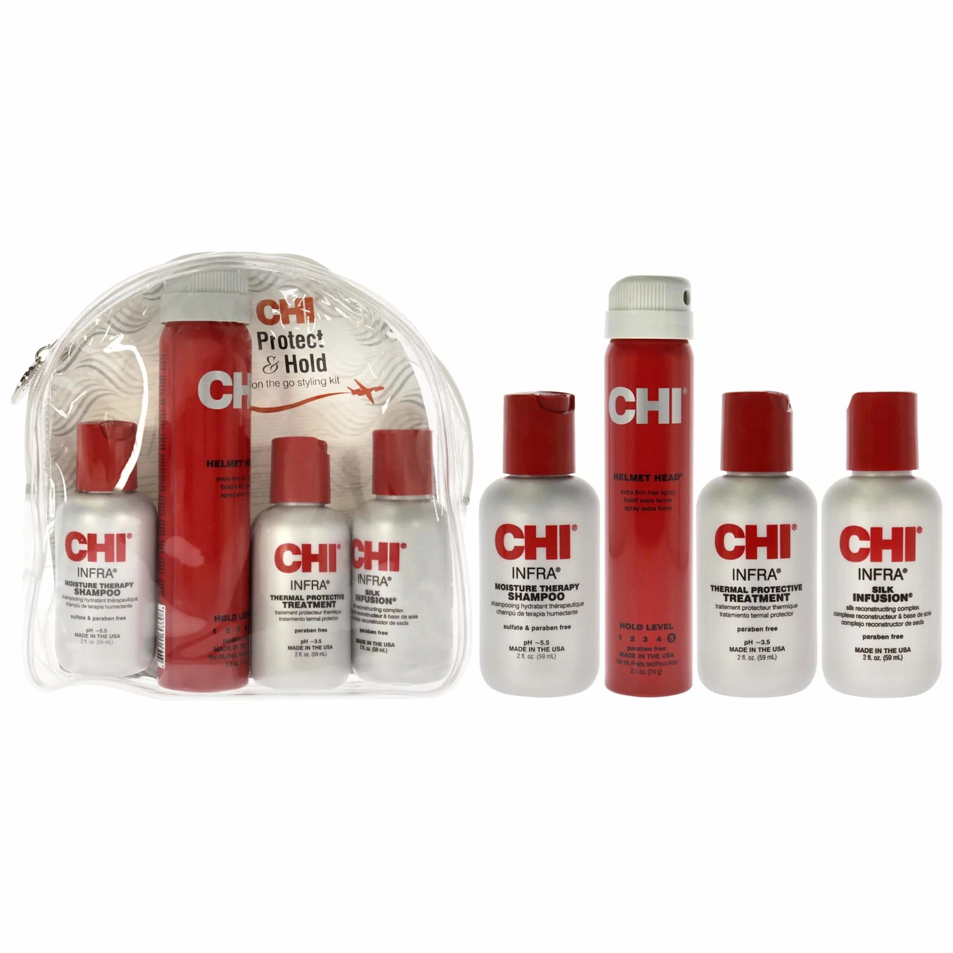 CHI Protect & Hold Kit de viaje champú infrarrojo tratamiento infrarrojos infusión seda spray pelo