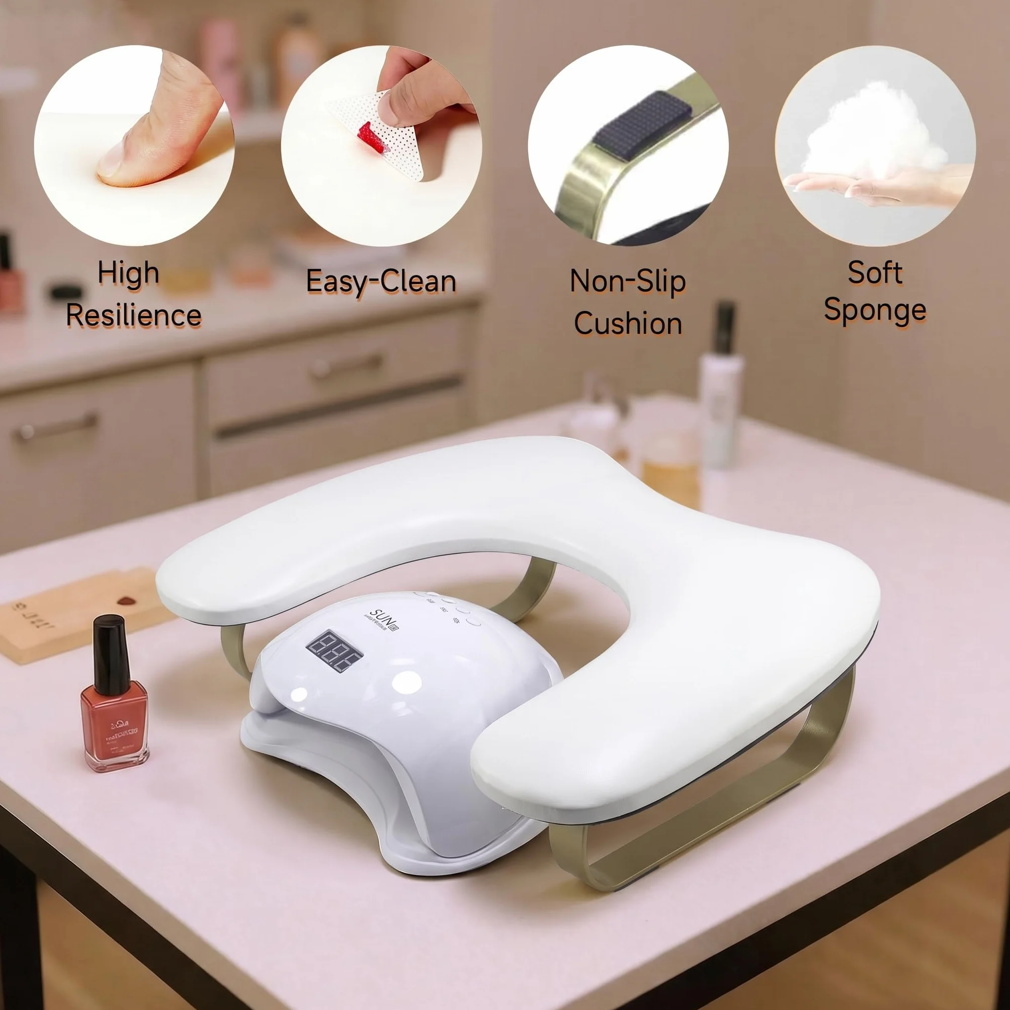 Reposabrazos en forma de U: soporte de arco dorado para uñas, soporte ergonómico en ángulo de 45° para profesionales del arte de uñas y uso doméstico, reposamanos de manicura y pedicura