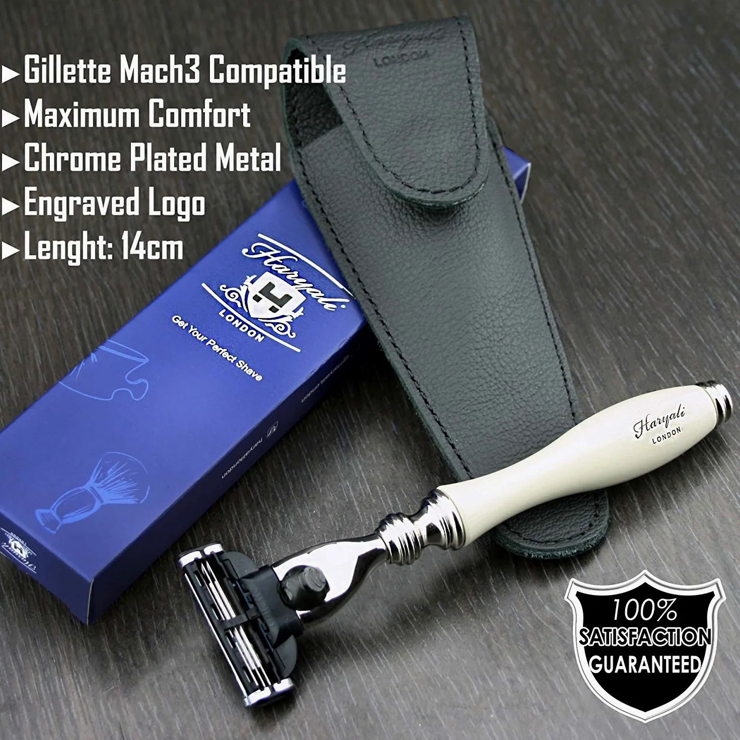 Maquinilla de afeitar de tres cuchillas para hombre en marfil con funda de piel auténtica | Afeitado y cuidado de hombre > Esenciales de viaje para hombre – Set de regalo