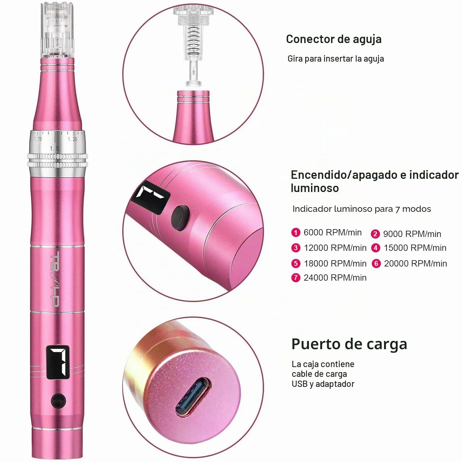 Derma Pen Eléctrico Pantalla LCD 7 Niveles Velocidad 12 Cartuchos Rosa
