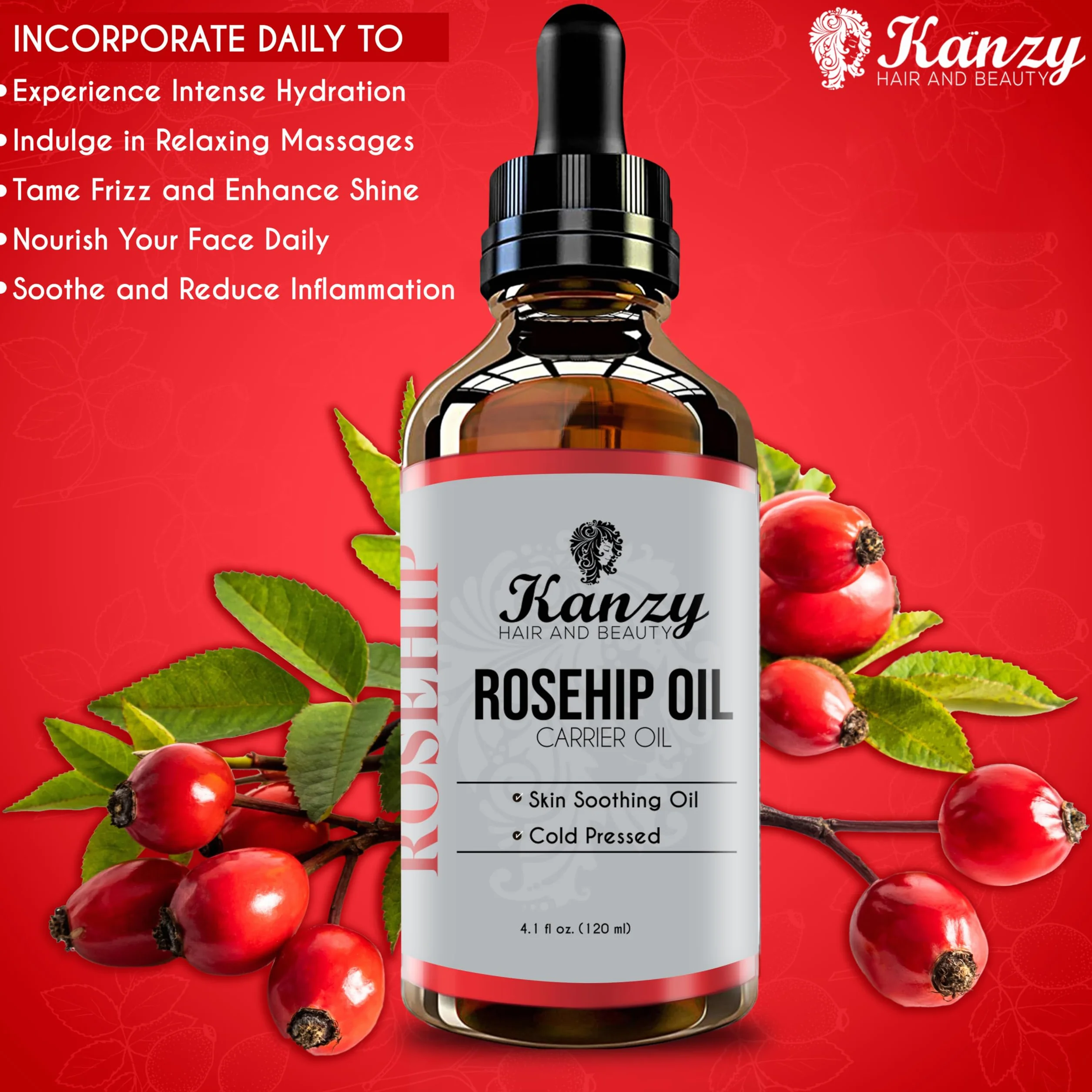 Kanzy Aceite de Rosa Mosqueta 120ml Prensado en Frío sin Refinar para Cicatrices y Estrías