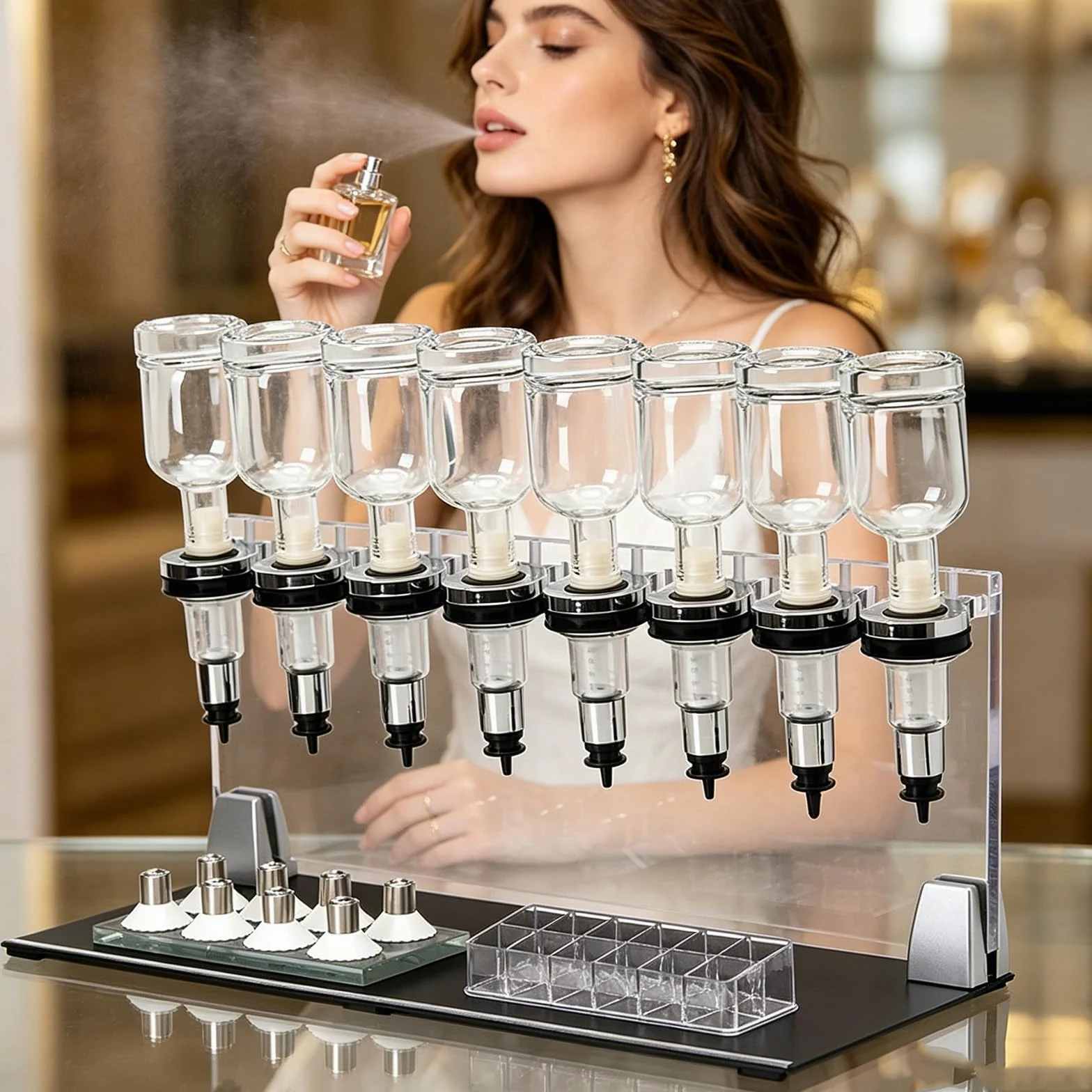 Máquina De Llenado Manual De Perfumes con Frascos De 200 Ml: Control De Flujo Preciso, Expositor para Probadores De Perfumes, Vasos De Prueba Incluidos. Ideal para Tiendas, Bares 8heads