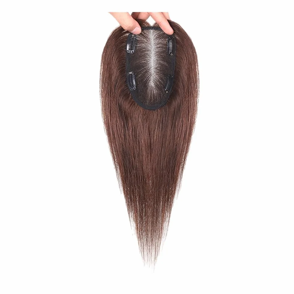 Topper para cabello humano para mujer, base de encaje suizo 9 × 14 cm, clip para cabello liso Remy extensiones de cabello (negro natural, 12 pulgadas)