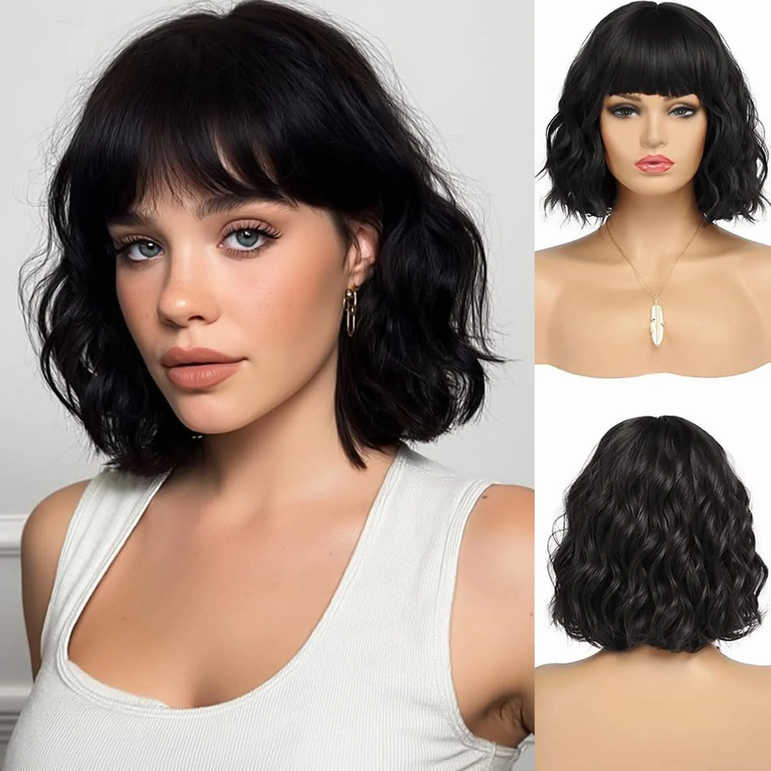 Peluca Corta Ondulada Negra con Flequillo Bob para Mujer, Pelo Sintético Rizado para Fiestas