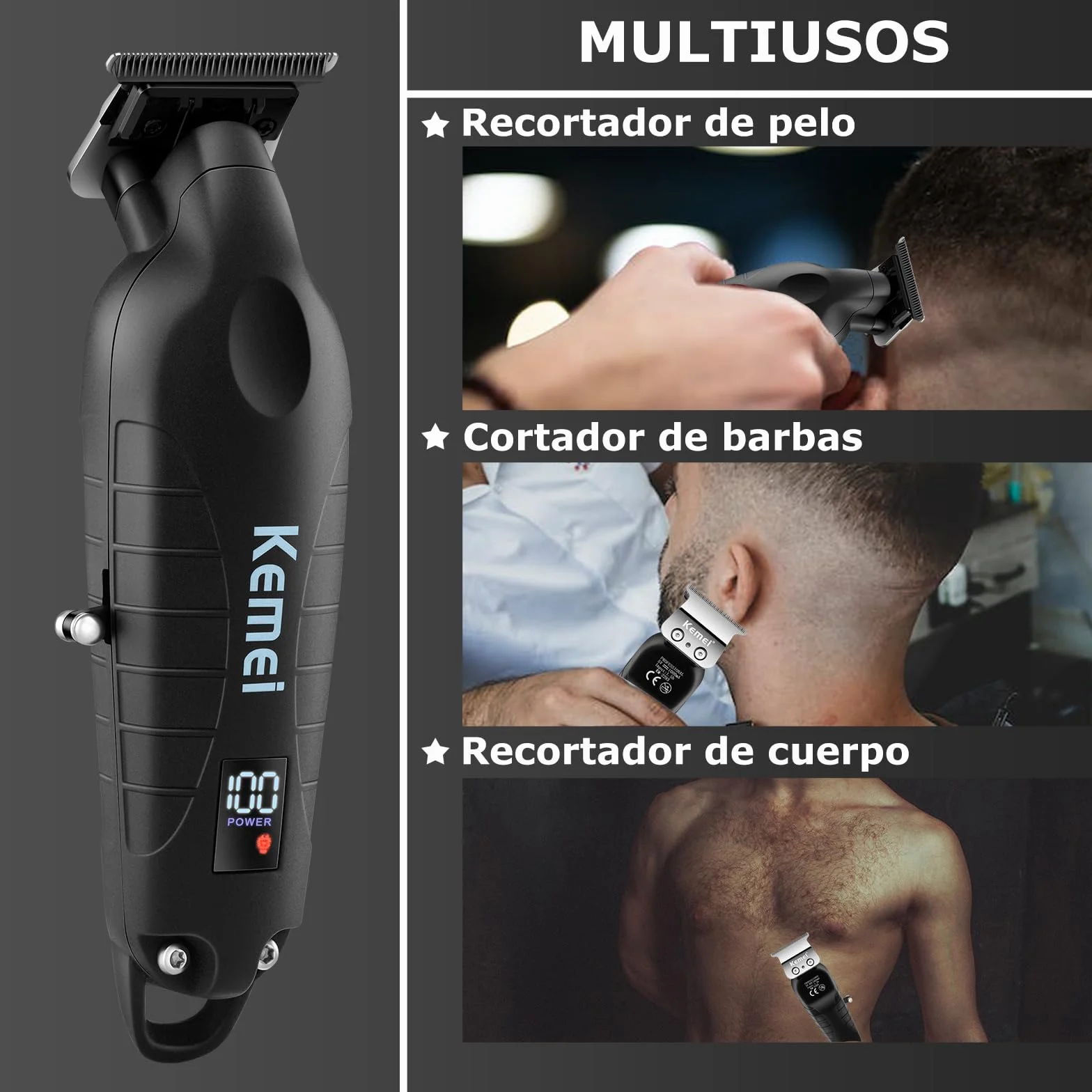 KEMEI 2293 Maquina de Cortar Pelo Profesional, Cortadora Inalámbrica Recargable con 3 Peines Guía, Negro