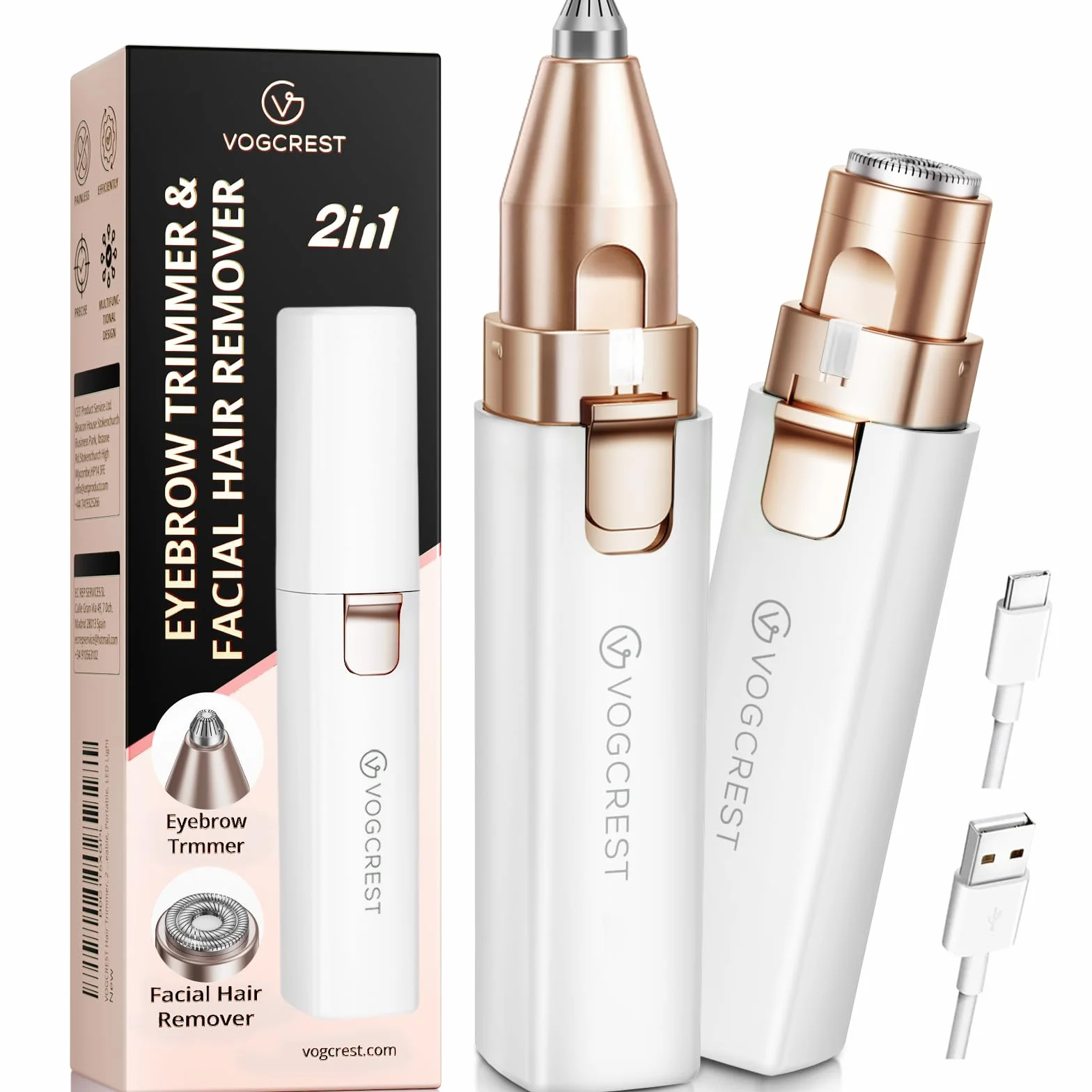 Removedor de vello facial y cejas para mujeres: Afeitadora eléctrica 2 en 1 para el rostro y recortadora de cejas - Removedor de vello facial y corporal recargable para mujeres con luz LED (Blanco)