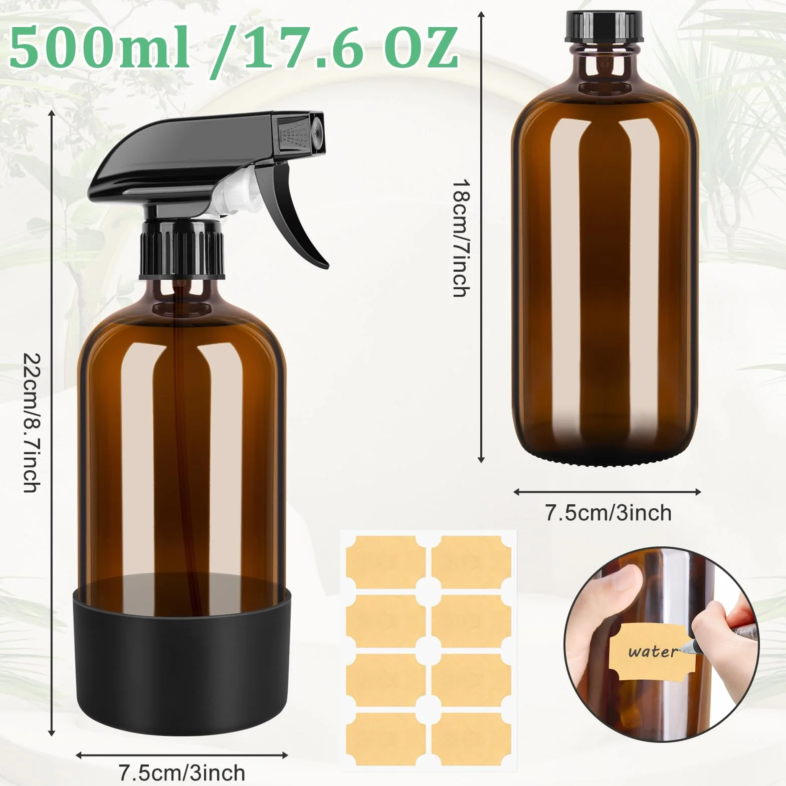 Botellas de spray de vidrio ámbar 500 ml, paquete de 3, recargables para limpieza y aceites esenciales