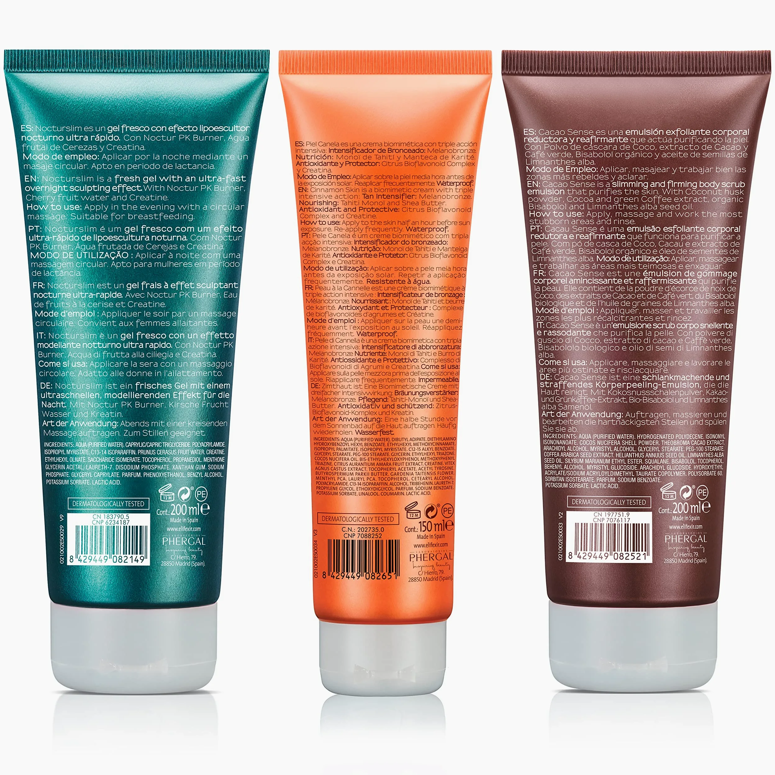 Elifexir | Cacao Sense + Nocturslim + Piel Canela + Regalo | Exfoliante Corporal + Quemagrasas Nocturno + Acelerador del Bronceado + Bolsa | 200ml + 200ml + 150ml