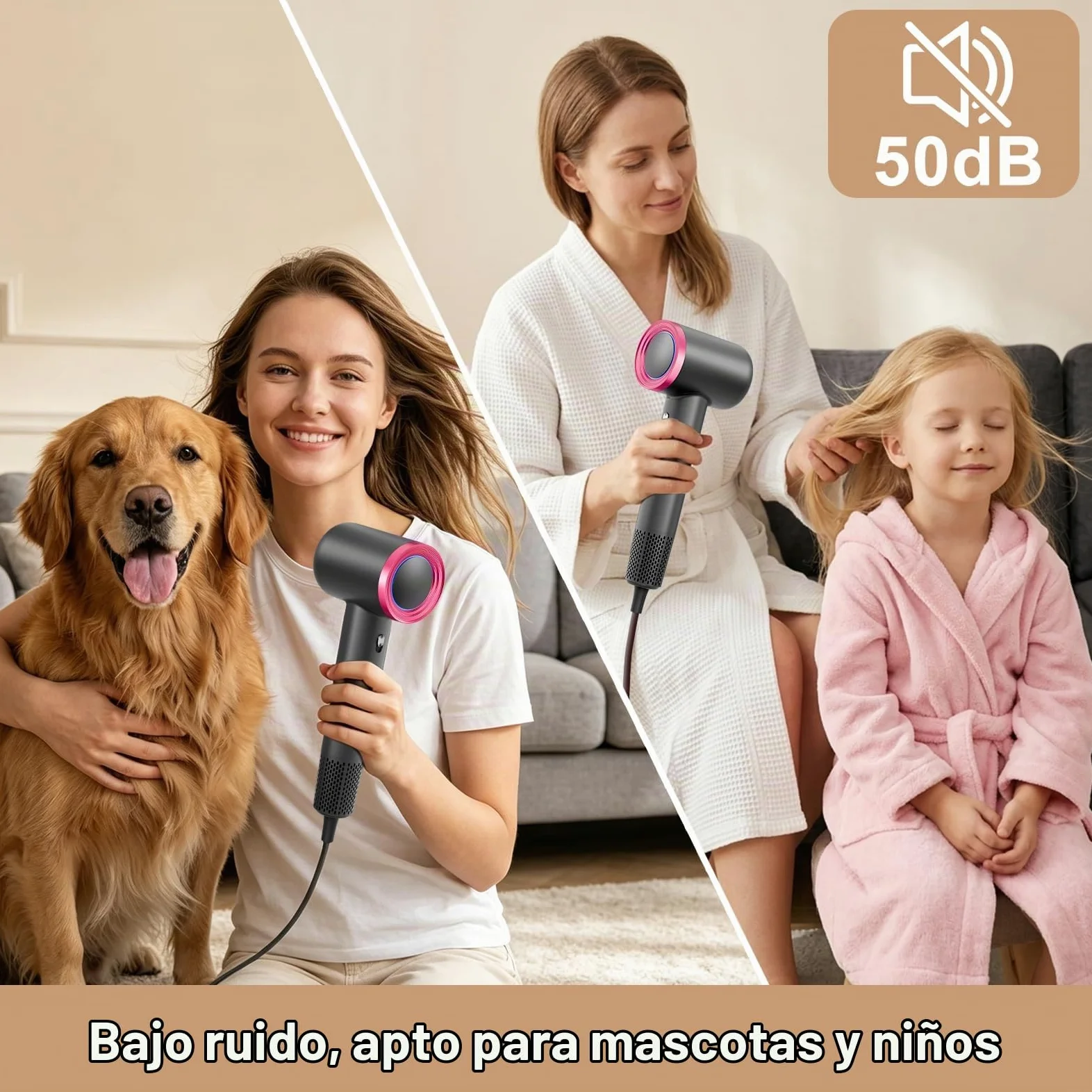 Secador de pelo iónico, motor sin escobillas 110000 RPM, secado rápido en 2 minutos, anti-encrespamiento, ligero y silencioso 50 dB, 4 niveles de calor, 2 velocidades y aire frío