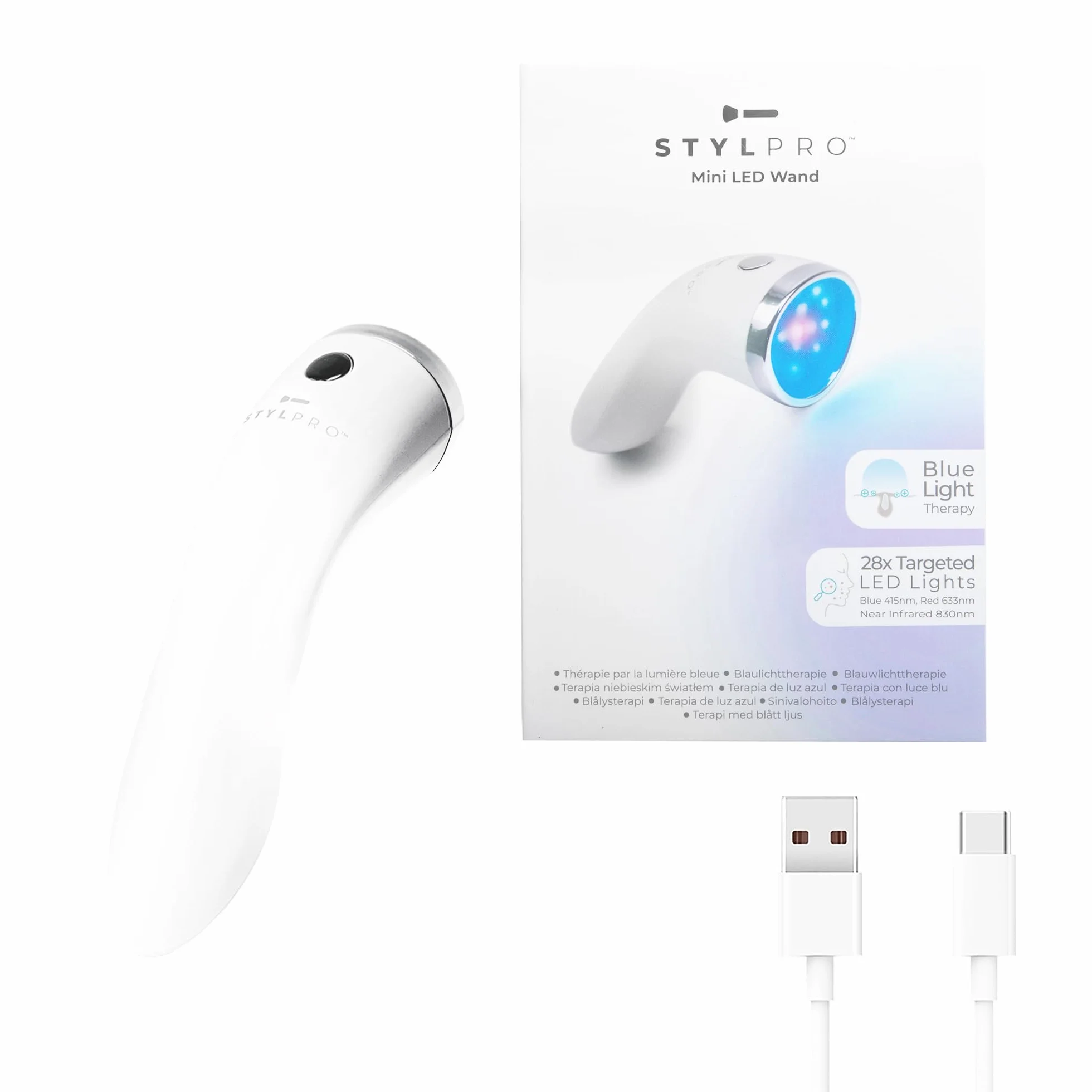 STYLPRO Mini varita mágica LED – Terapia de luz azul para acné y piel, ayuda con imperfecciones, espinillas, inflamación, enrojecimiento, 3 modos, 28 x LED de alta potencia, azul, rojo, NIR