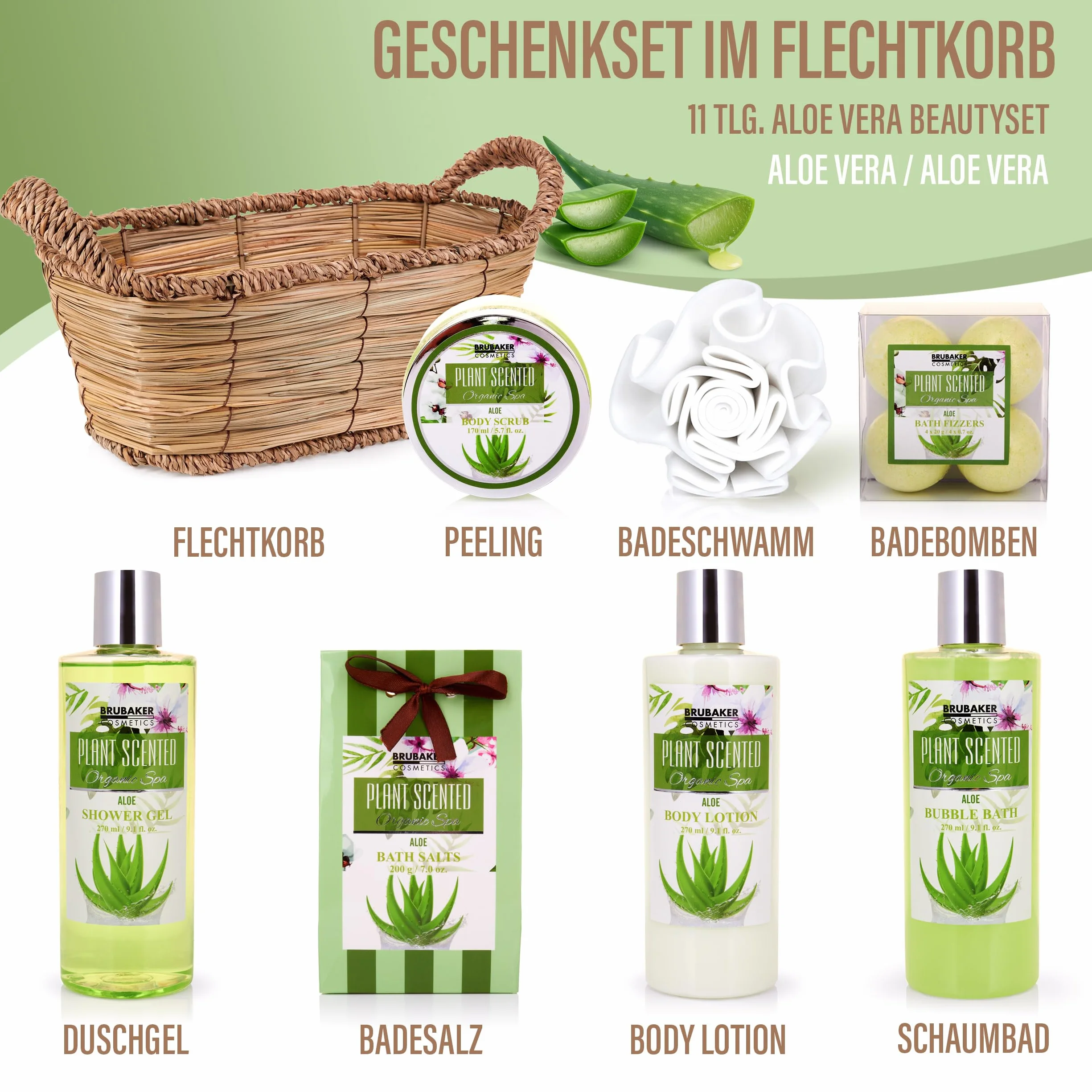 BRUBAKER Cosmetics Set de Regalo de Baño y Ducha Aloe Vera 11 piezas Cesta Mimbre Spa Kit
