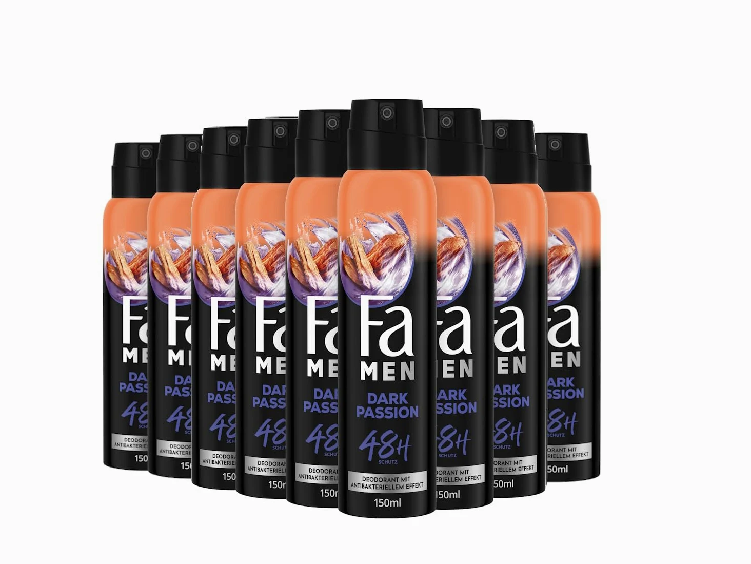 Fa Desodorante y spray corporal Men Dark Passion (9 x 150 ml), desodorante en spray con aroma fresco y sensual, desodorante sin aluminio para una protección de hasta 48 horas, no deja residuos de