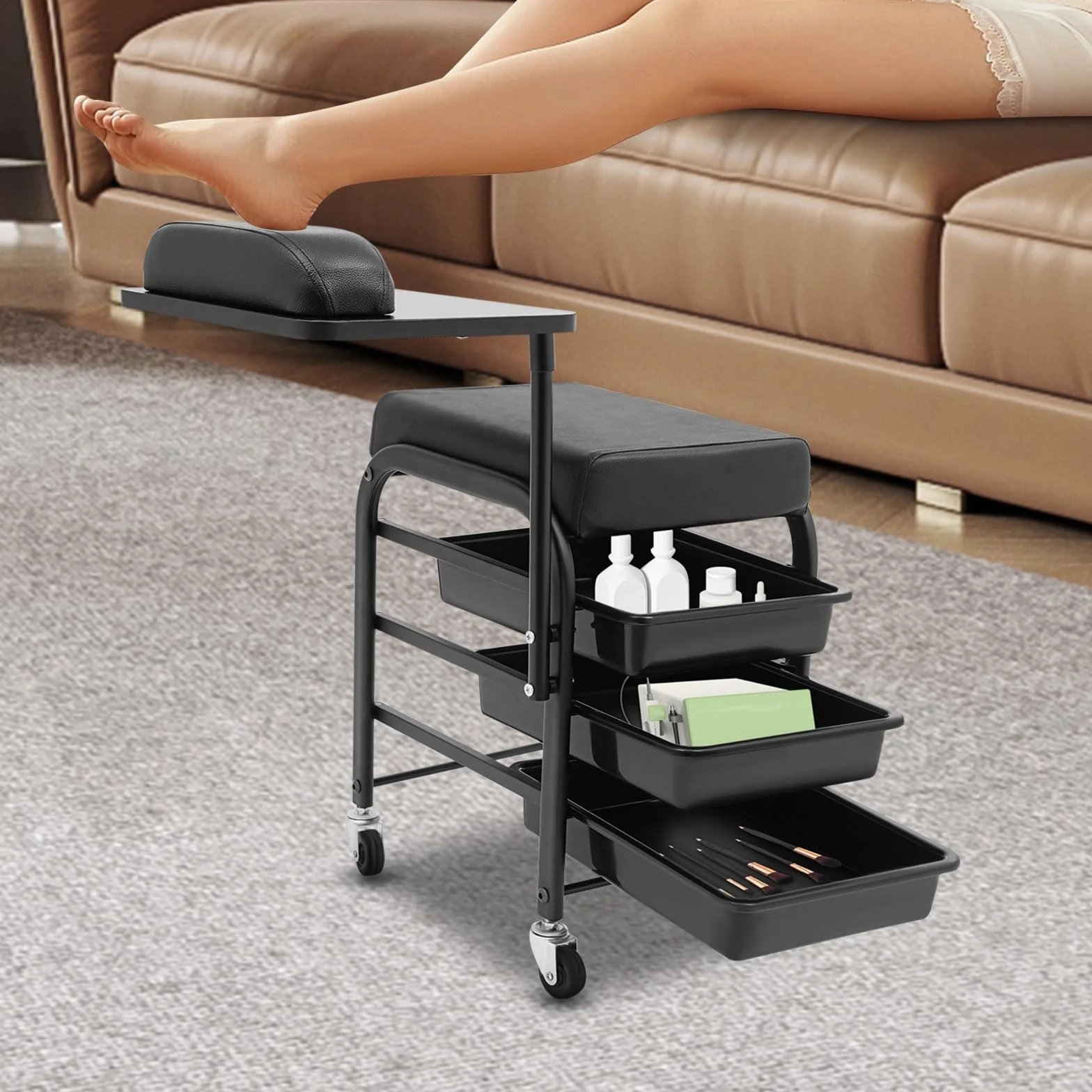 Silla de manicura con carrito extensible 3 cajones 360° soporta 75 kg negro