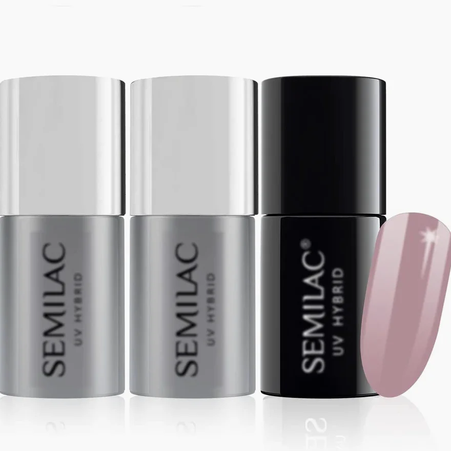 Semilac Base + Top + Esmalte de uñas de gel UV 057 Nudge Beige Rose de larga duración y fácil de aplicar, perfecto para usar en casa y para manicura y pedicura profesional