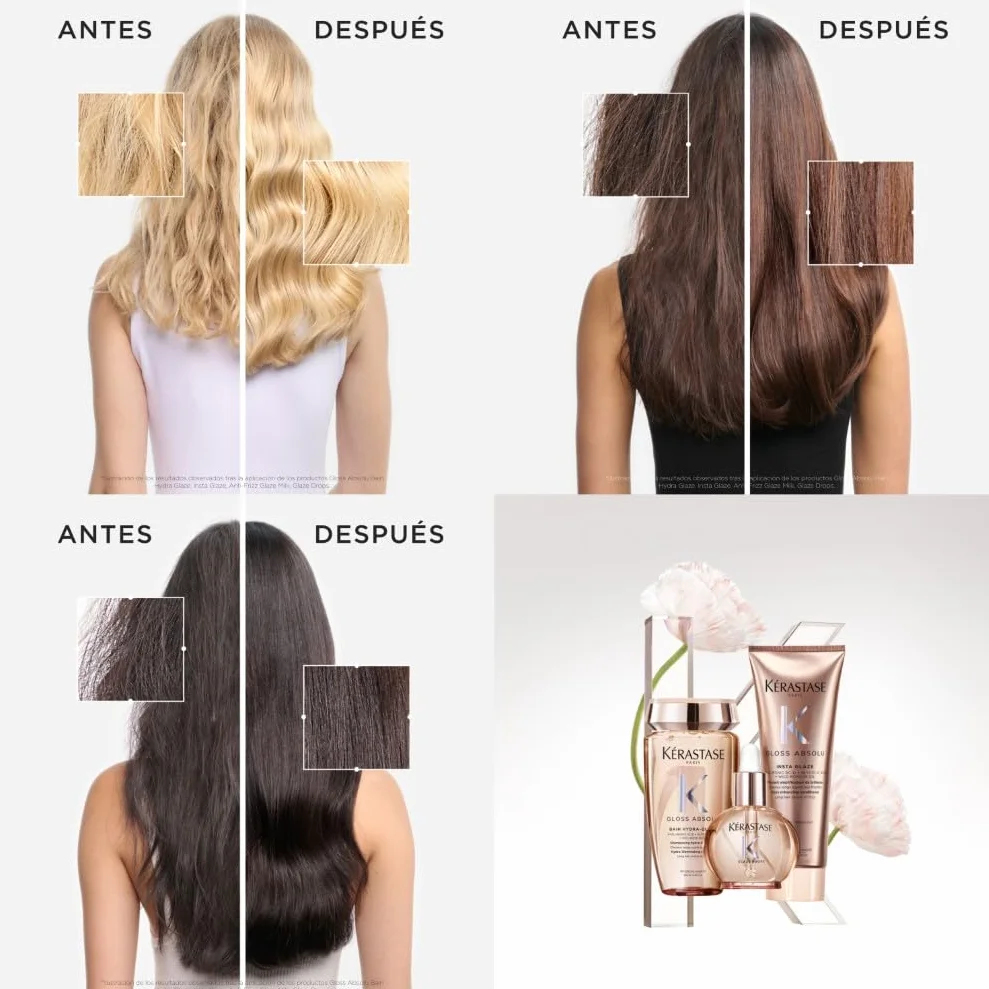 Kérastase Gloss Absolu Anti-Frizz Glaze Milk, Spray Multibeneficios Todo en Uno para Cabello con Tendencia al Encrespamiento, Con Ácido Glicólico, Ácido Hialurónico y Rosa Silvestre en Aceite, 190ml