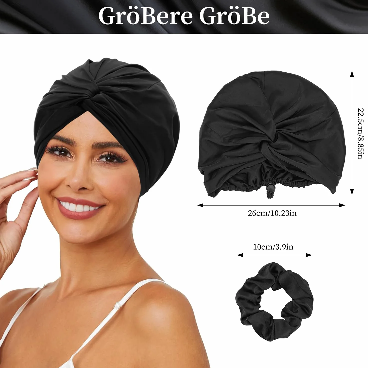 Gorro de seda de doble capa para dormir ajustable con goma de satén para mujer