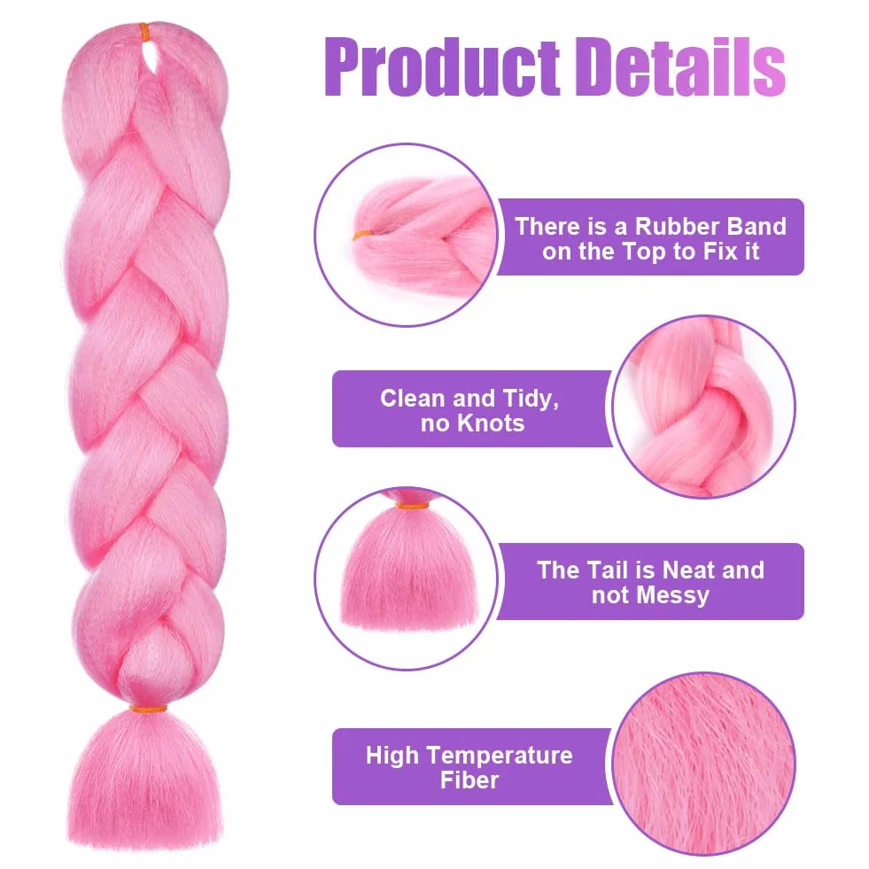 Aomig Extensiones 24" Trenzas Africanas Pelo Sintético Rosa Coleta Postiza Accesorios Cabello Trenzado