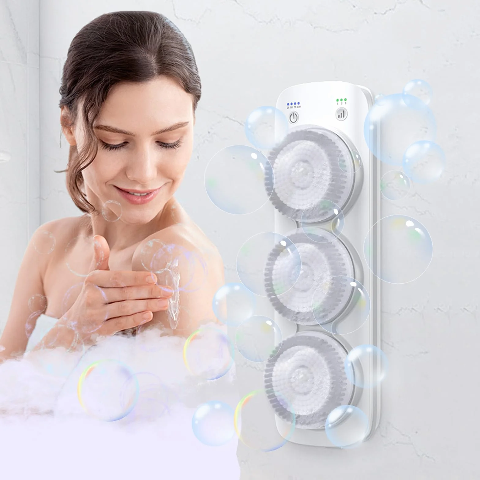 Cepillo eléctrico de Espalda para Ducha de Pared, Cepillo Corporal de Cepillado en seco para baño, Limpieza, exfoliación y Masaje, con 3 Cabezales giratorios.