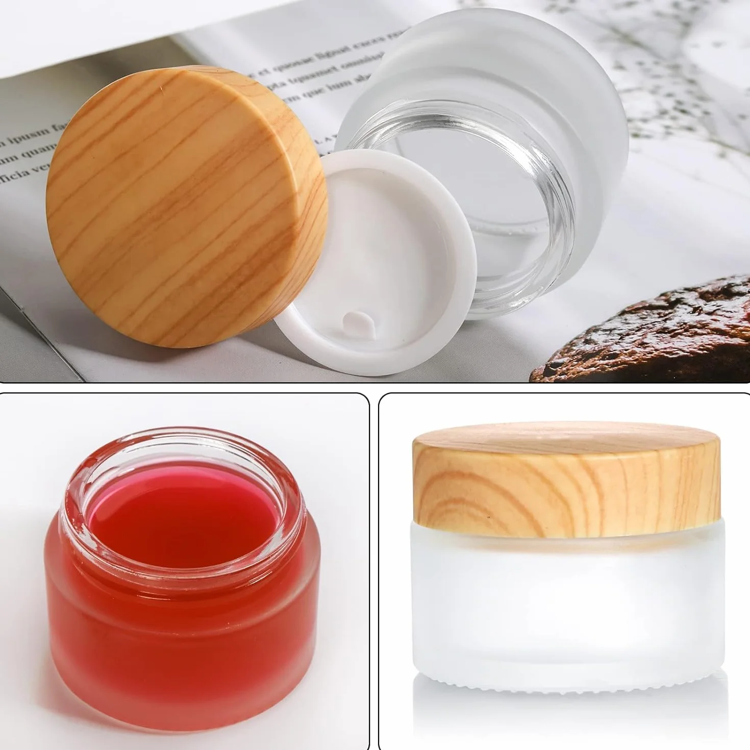 Frasco de vidrio esmerilado 12 piezas 20 ml 30 ml con tapa de veta de madera para cremas lociones maquillaje