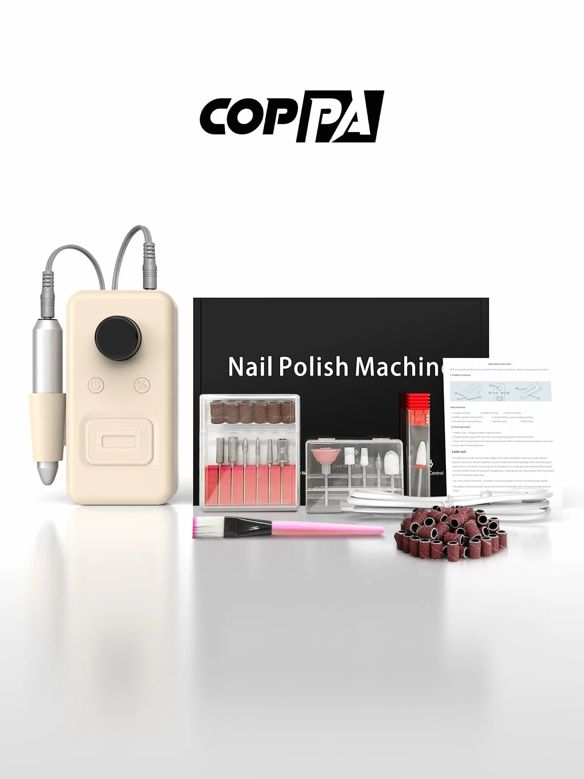 COPPA Torno para Uñas Profesional, NDK106 Lima Eléctrica Uñas con 12 Brocas 31 Bandas, 45000 RPM Velocidad Ajustable Nail Drill Kit para Pulido y Eliminación de gel de Uñas Acrílicas, Salón & Casa