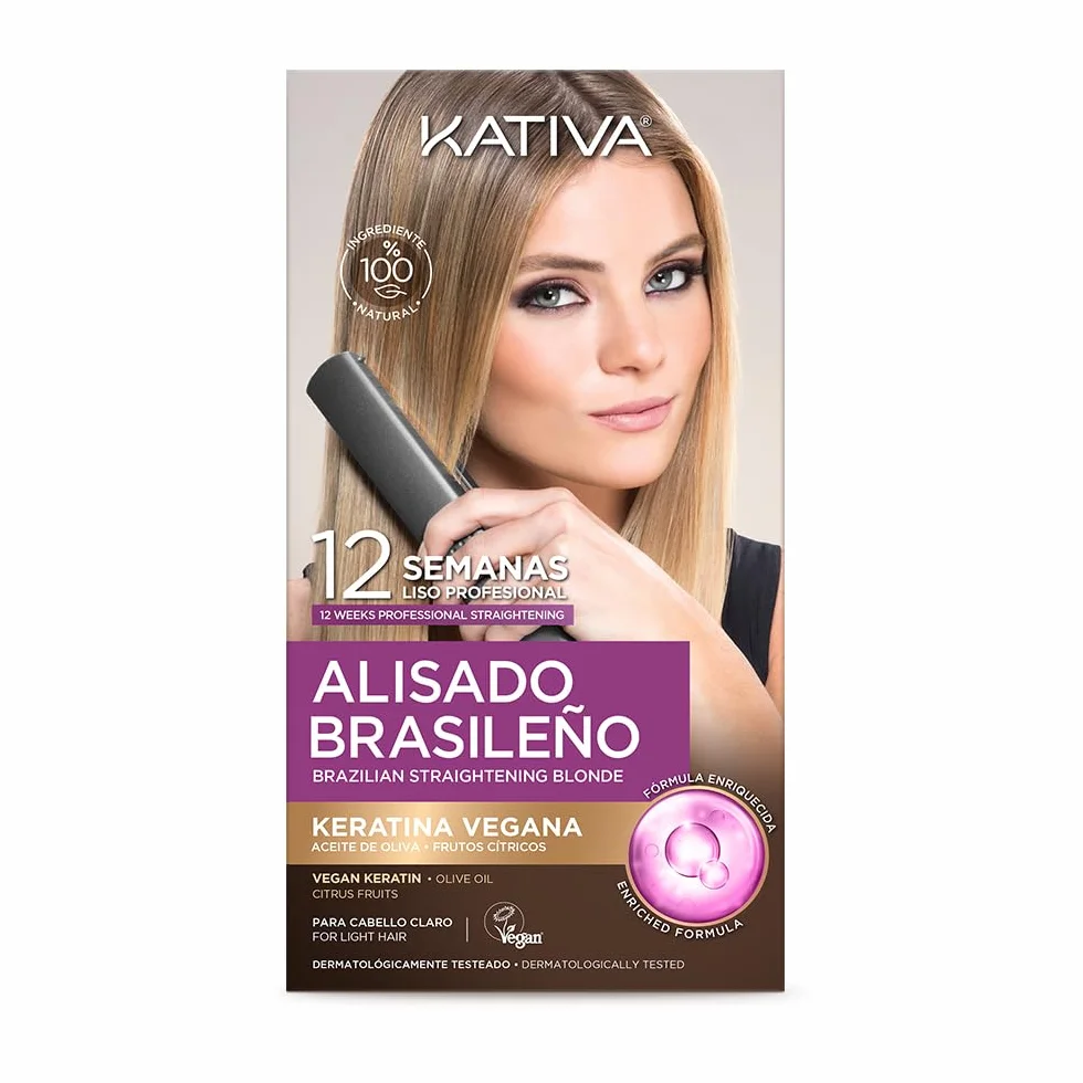 Kativa Kit Alisado Brasileño para Cabello Rubio Teñido o con Mechas - Keratina Vegana - Tratamiento Profesional en Casa - 12 Semanas Duración