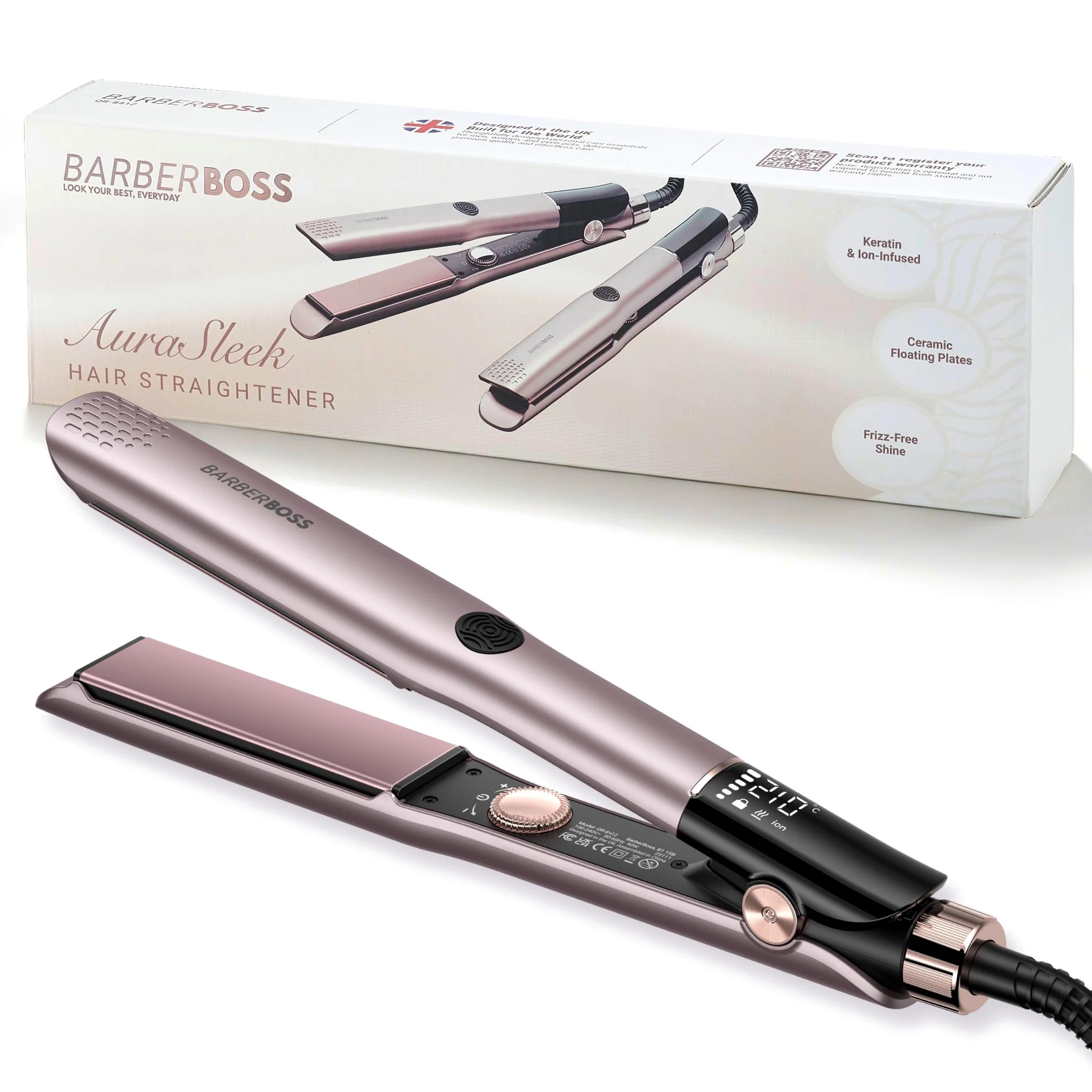 BarberBoss - Plancha de cerámica con placas flotantes, tratamiento iónico y queratina para todo tipo de cabello, pantalla LED de temperatura, plancha de pelo profesional (QR-8412, rosa)