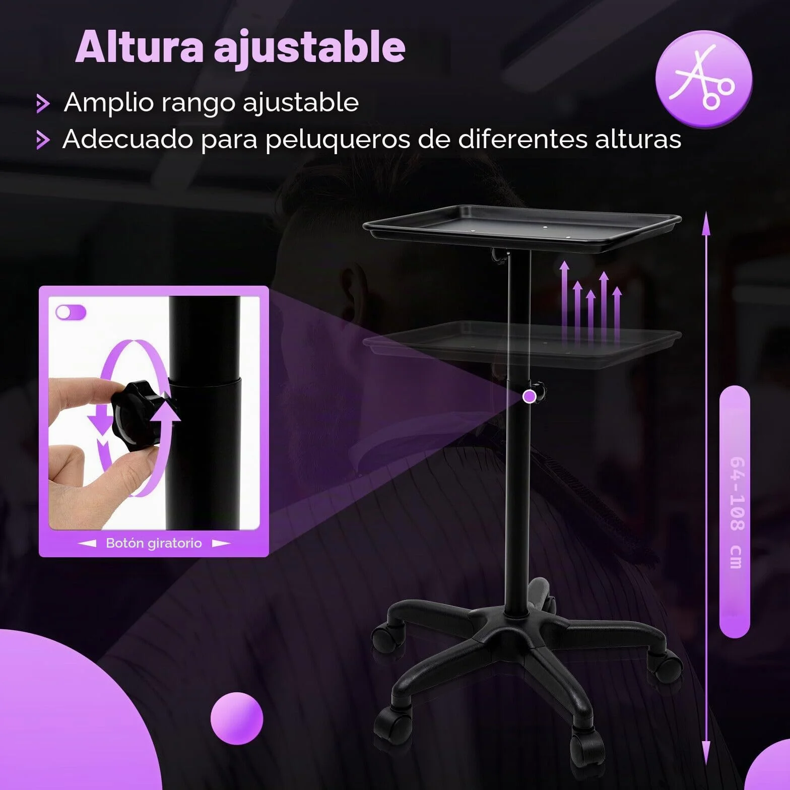 Carro de aluminio para tatuadores con ruedas, altura ajustable (Negro)