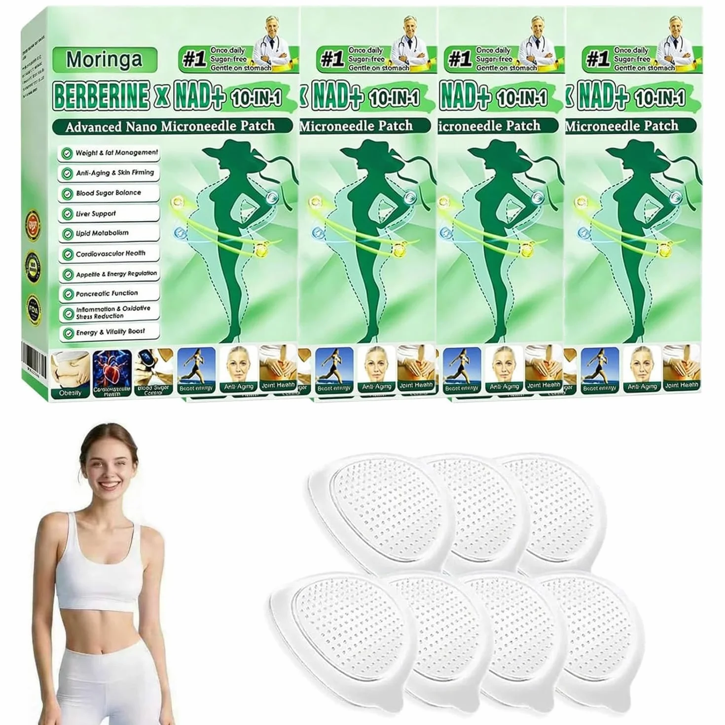Moringa Parches para Adelgazar con Berberina, Parche Nano Microneedle Adelgazador 28 Piezas 10 en 1