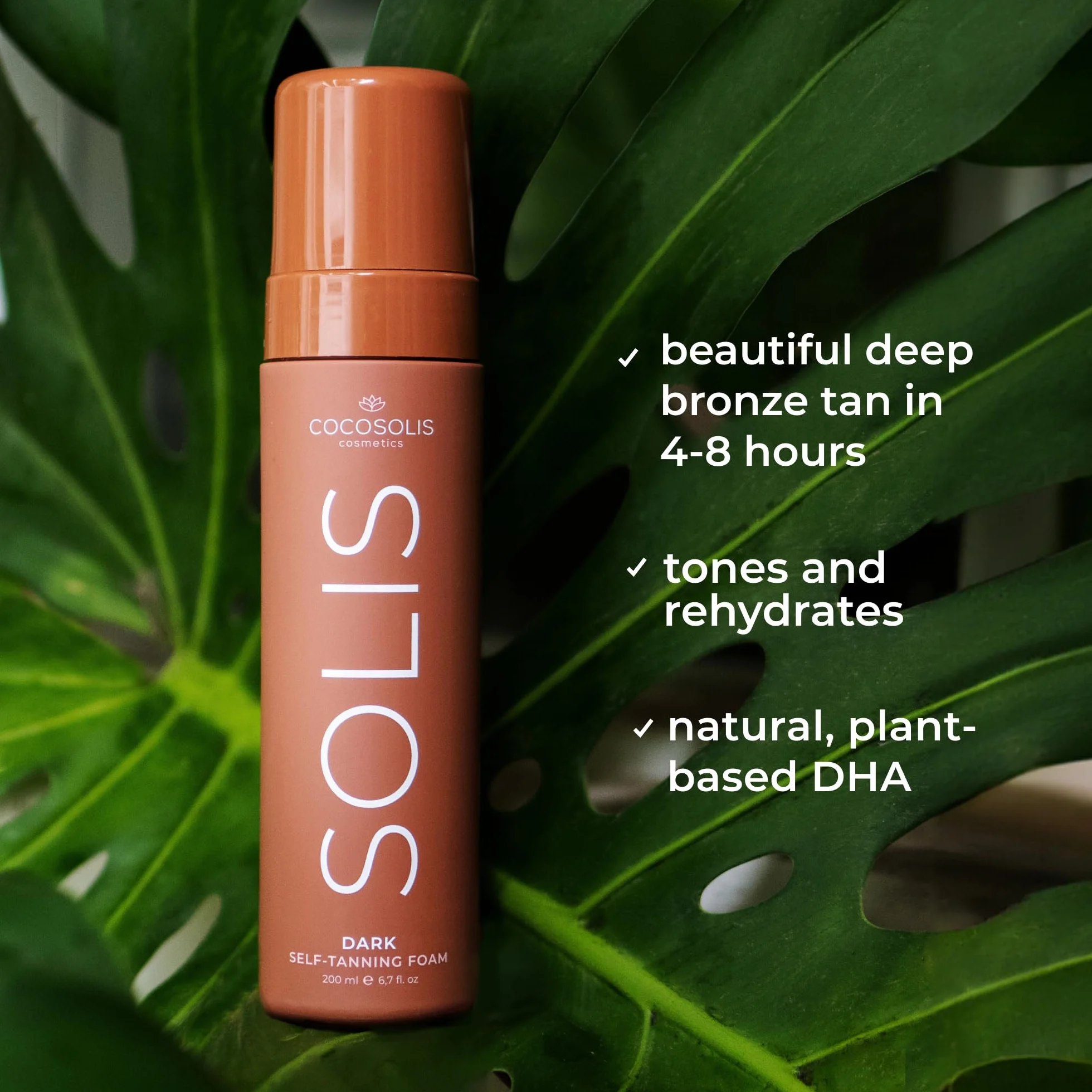 COCOSOLIS SOLIS Dark Loción autobronceadora para rostro y cuerpo, mousse para un bronceado intenso, natural y duradero, con DHA de origen vegetal (200 ml)
