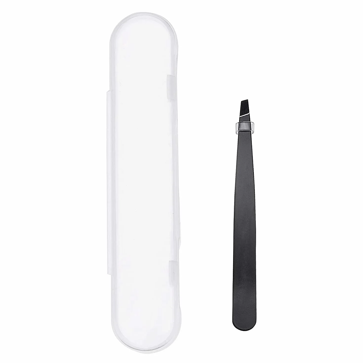 Amazon Basics Pinzas de punta oblicua de acero inoxidable, profesionales, para eliminar pelo, con funda de viaje, negro, 1 paquete
