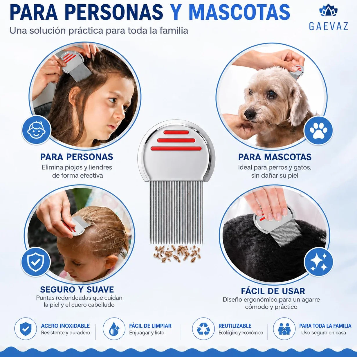 Peine para Piojos de Acero Inoxidable con Dientes Doble Acanalados – Seguro para Niños y Adultos