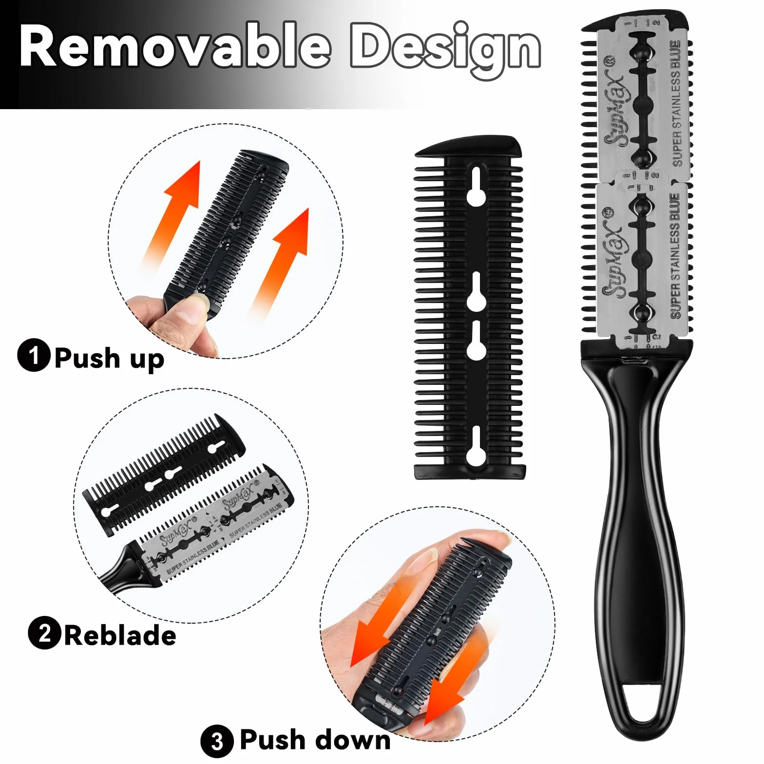 Peine de Afeitar y Corte Profesional 4 Piezas Cortador de Pelo Doble Cara Recortador Plástico con Navaja Kit Peine Adelgazar Cabello 12 Cuchilla Acero Inoxidable
