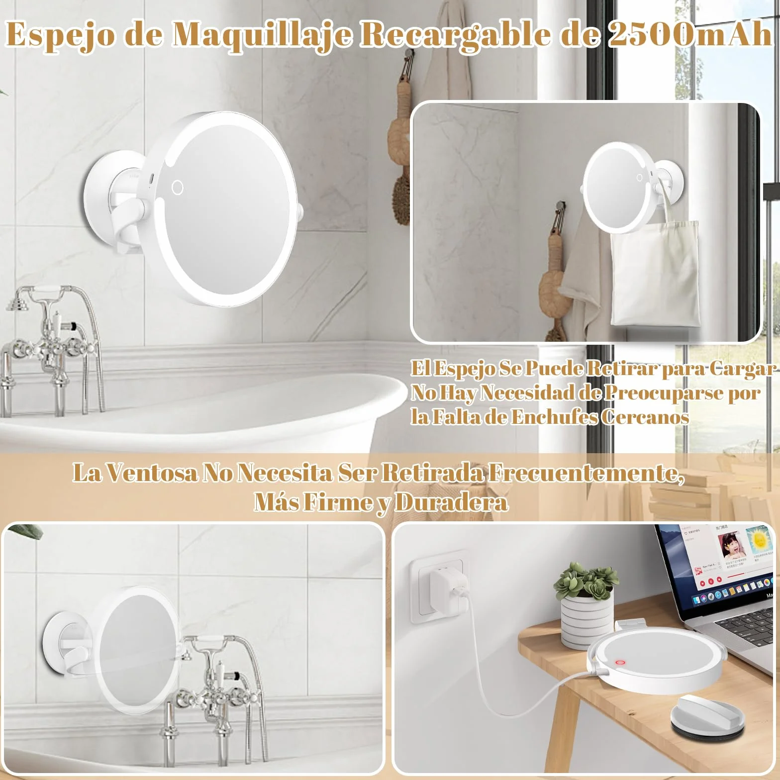 Espejo de Maquillaje Luminoso con Ventosa Potente, 20 Aumentos, Ajustable en Intensidad y Altura 25 cm