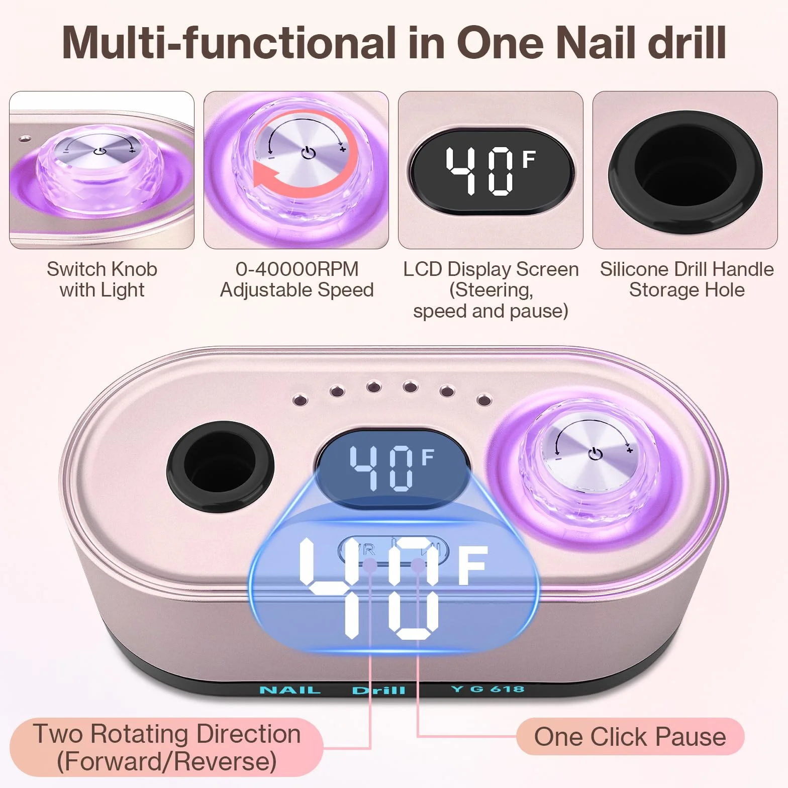 Torno para Uñas,Torno para Uñas Profesional 40000 RPM con 12 Cabezales de Pulido, Pantalla LCD,Control de Botones Iluminados,Silencioso, Lima Electrica Uñas (Rosa)